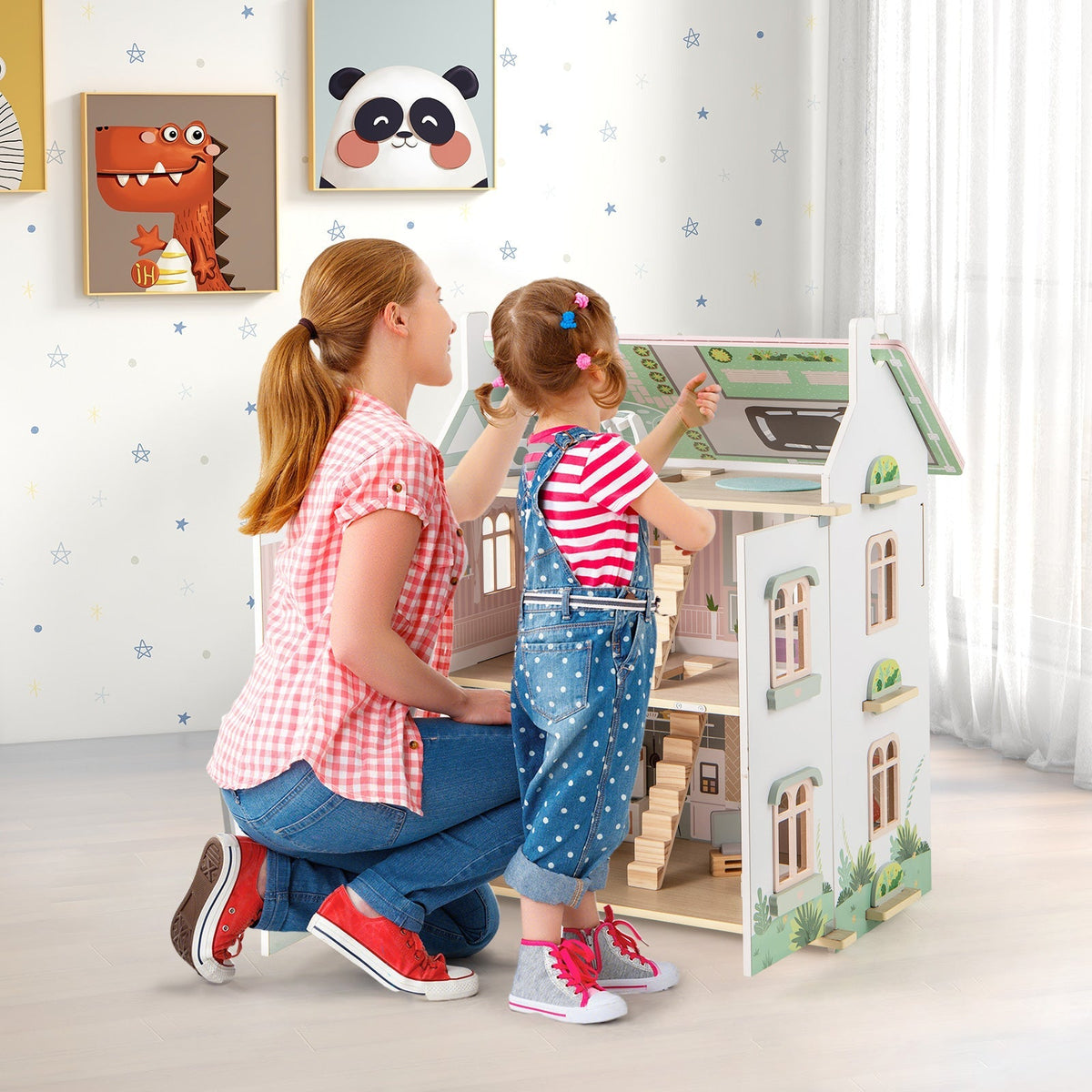 Kids Wooden Dollhouse 3 Level with Double-Sided Roofs and Doors-Pink