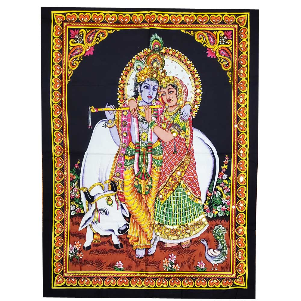 Krishna Wall Art Black Handpainted Cloth Banner Sequin