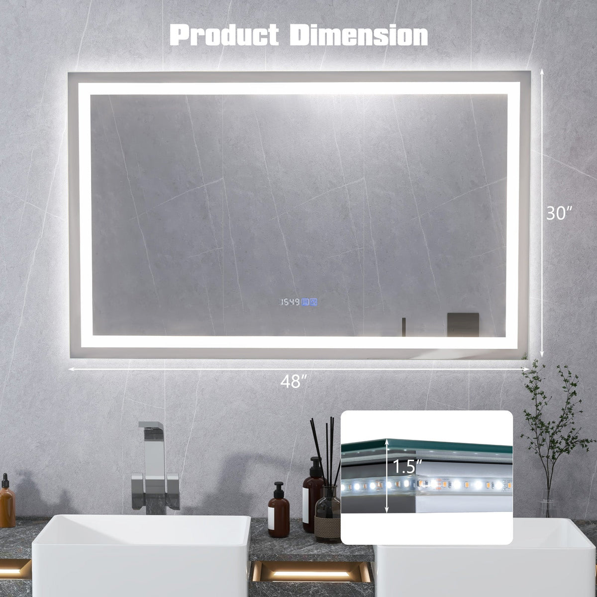 LED Bathroom Mirror Wall Mounted Rectangle Mirror with 3-Color Dimmable Lights