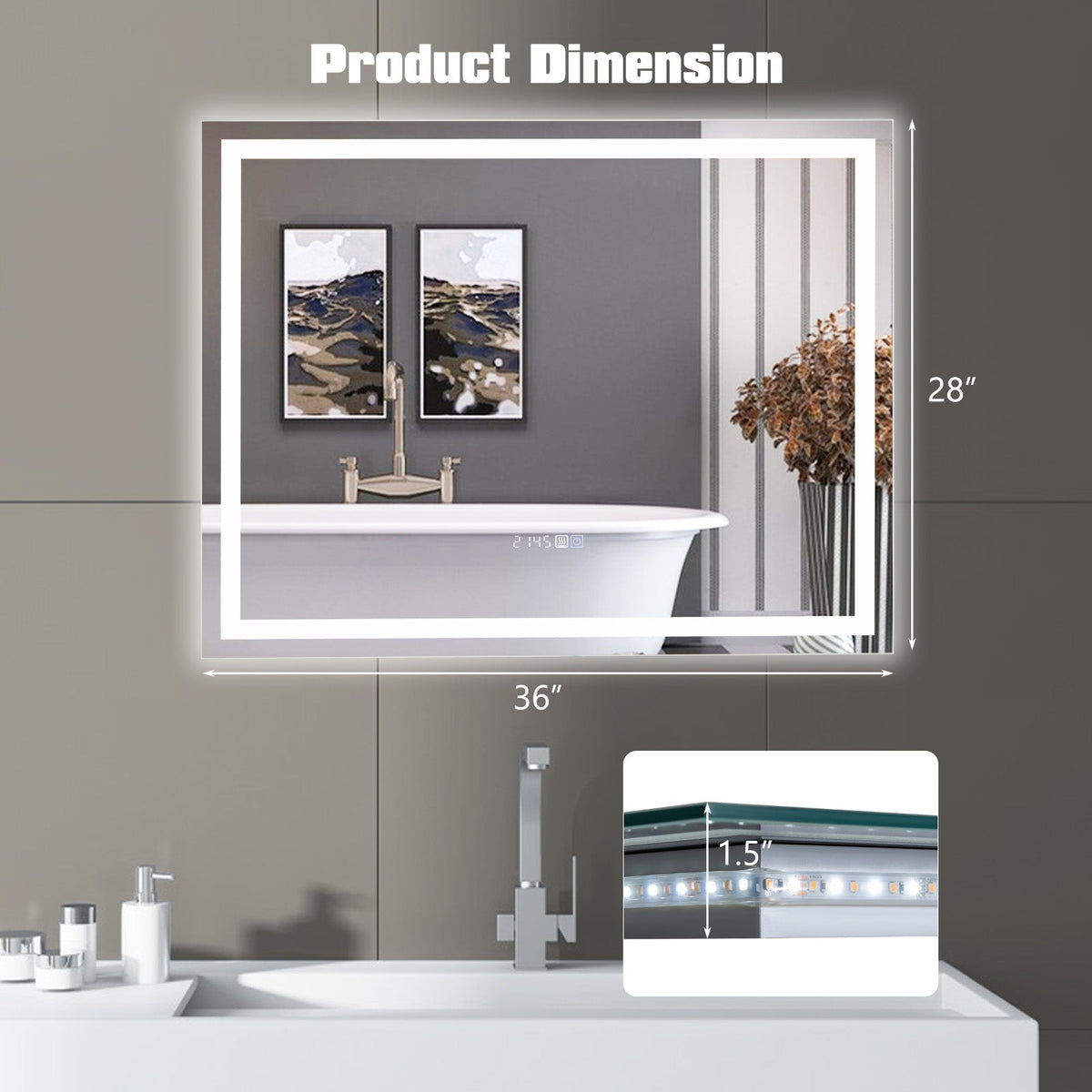 LED Bathroom Mirror Wall Mounted Rectangle Mirror with 3-Color Dimmable Lights