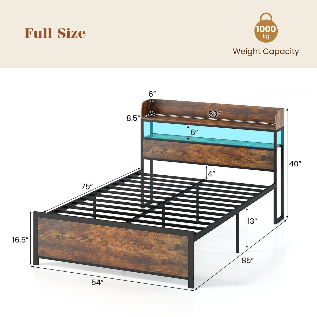 LED Bed Frame with Power Outlets and Storage Headboard-Full Size