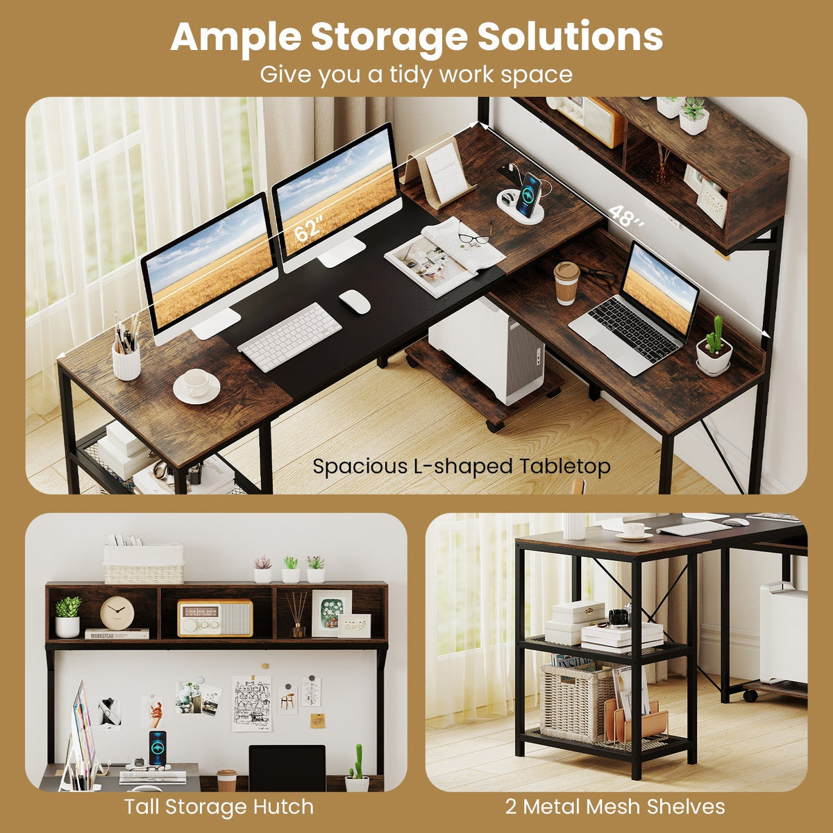L-Shaped Computer Desk with Power Outlets 62 Inches Corner Desk with Storage Hutch-Brown