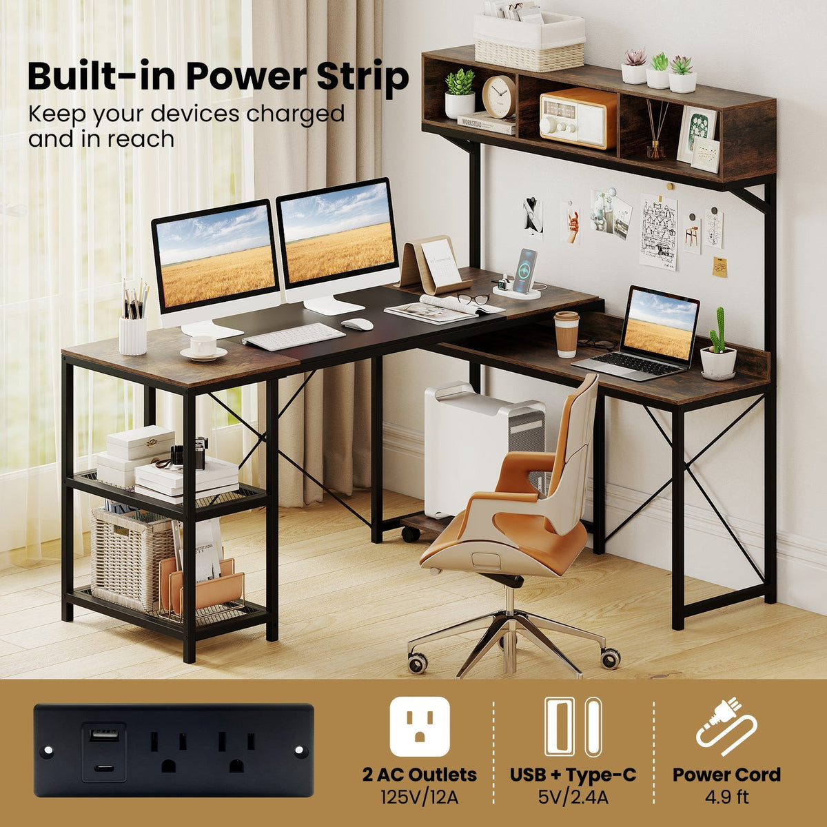 L-Shaped Computer Desk with Power Outlets 62 Inches Corner Desk with Storage Hutch-Brown
