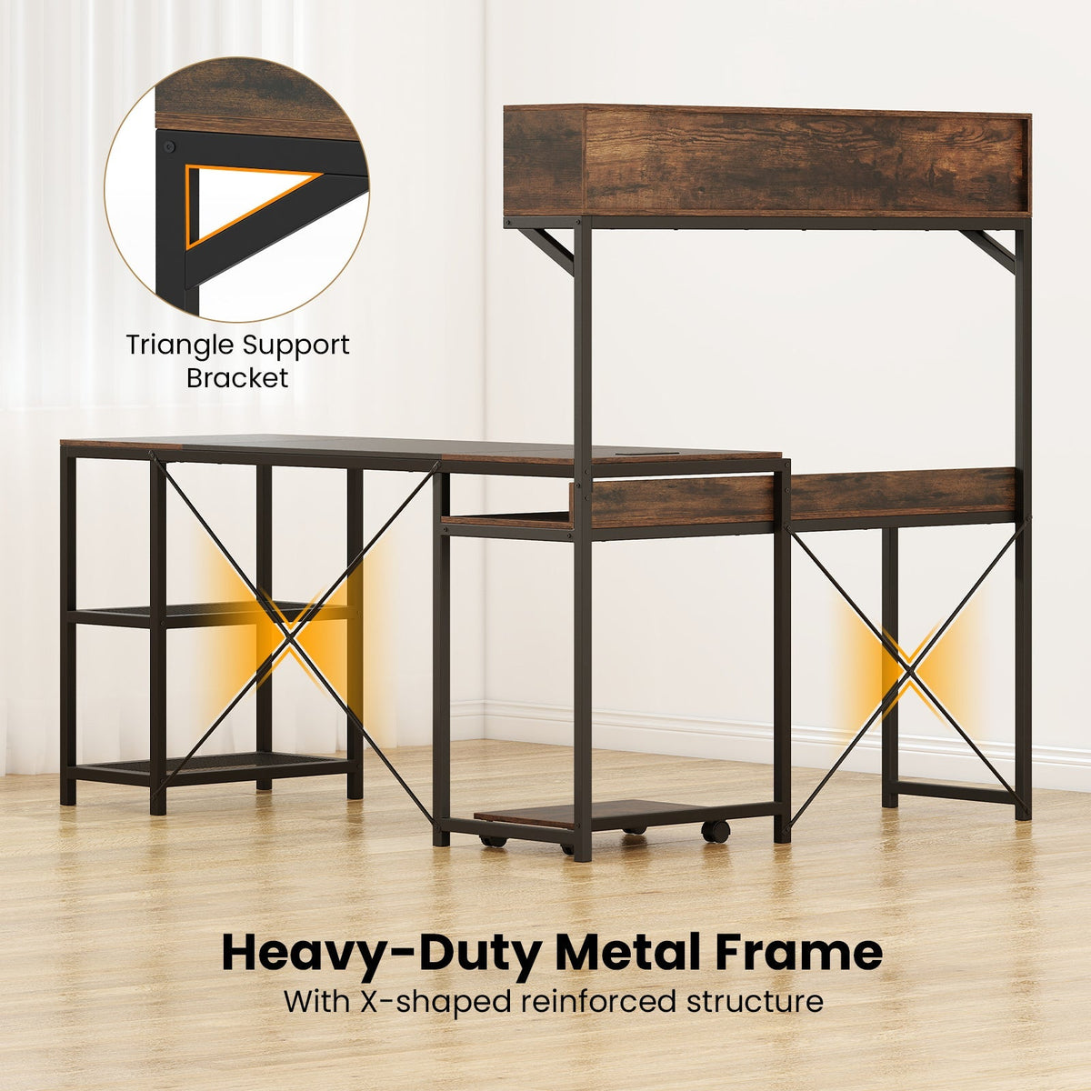 L-Shaped Computer Desk with Power Outlets 62 Inches Corner Desk with Storage Hutch-Brown