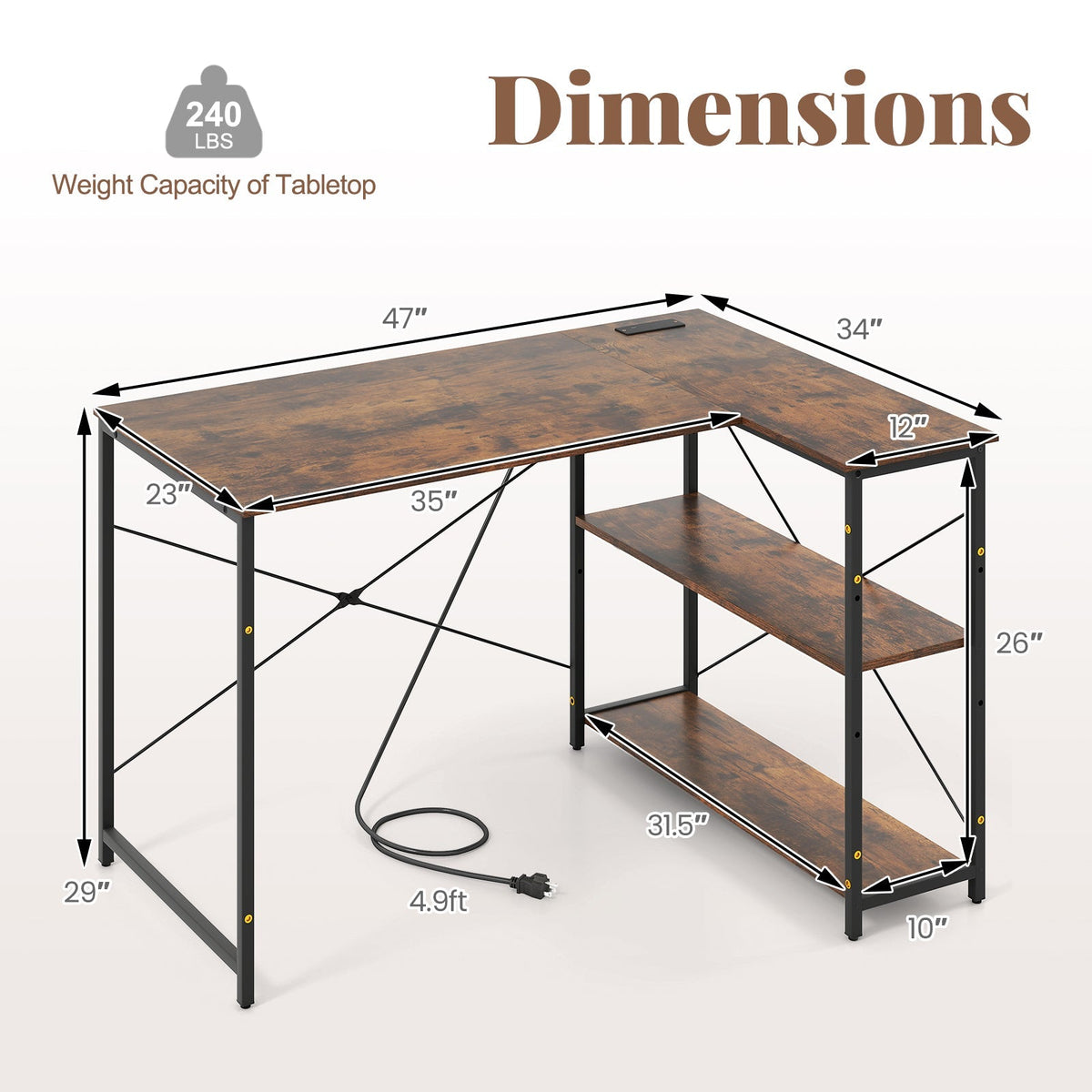 L-shaped 47 Inch Reversible Corner Desk with Adjustable Storage Shelves