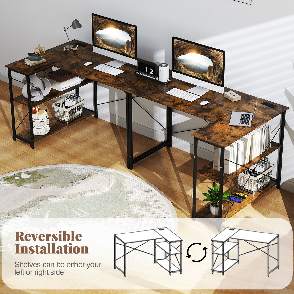 L-shaped 47 Inch Reversible Corner Desk with Adjustable Storage Shelves