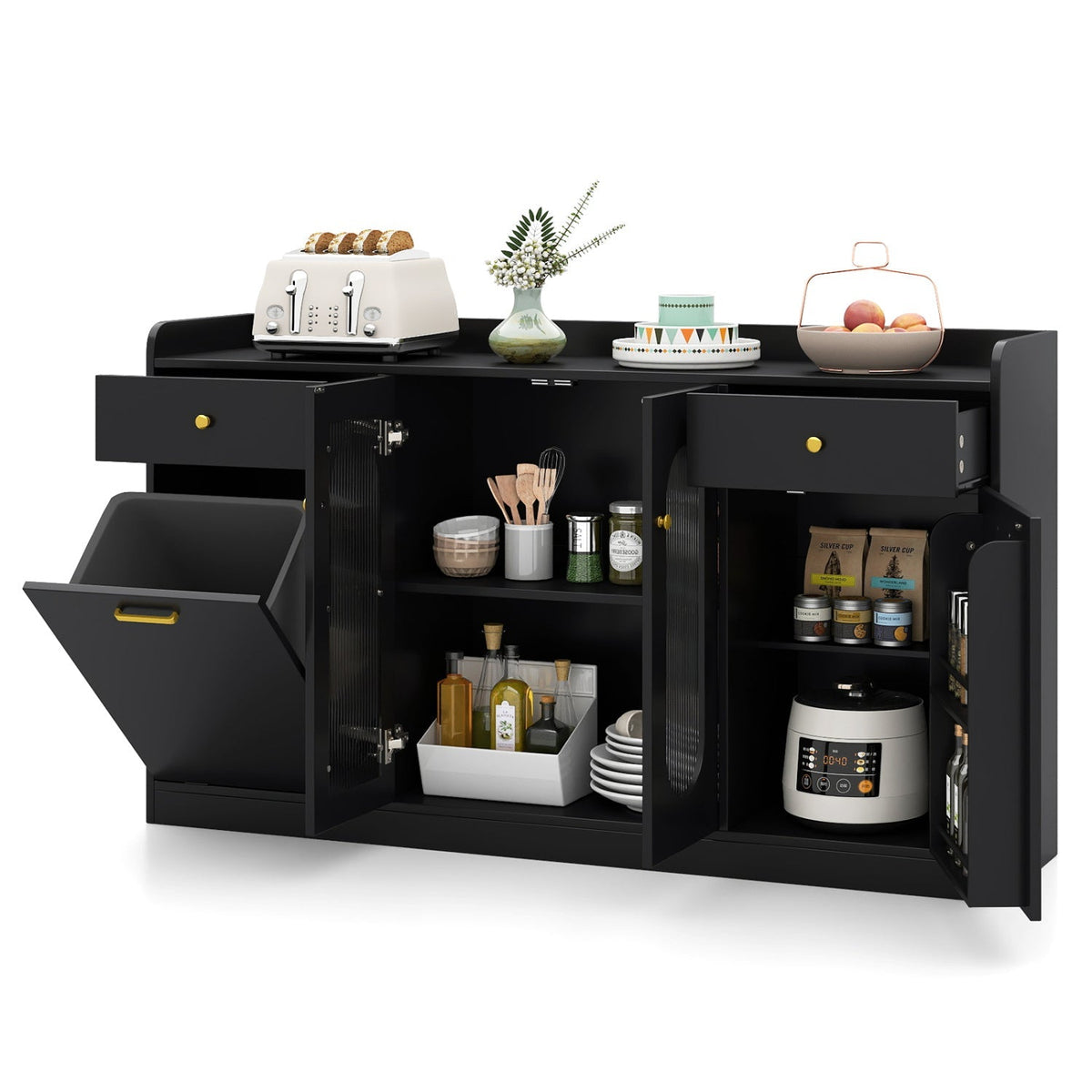 Large Buffet Cabinet Hidden Tilt Out Trash Can Cabinet with 2 Glass Doors