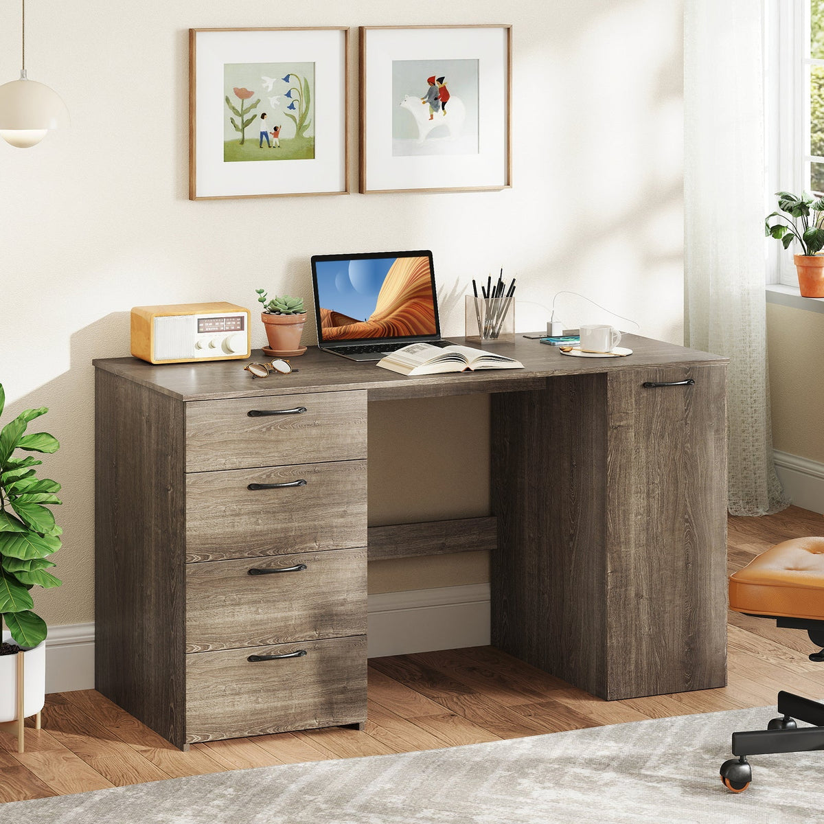 53 Inches Computer Desk with Power Outlets and 4 Storage Drawers