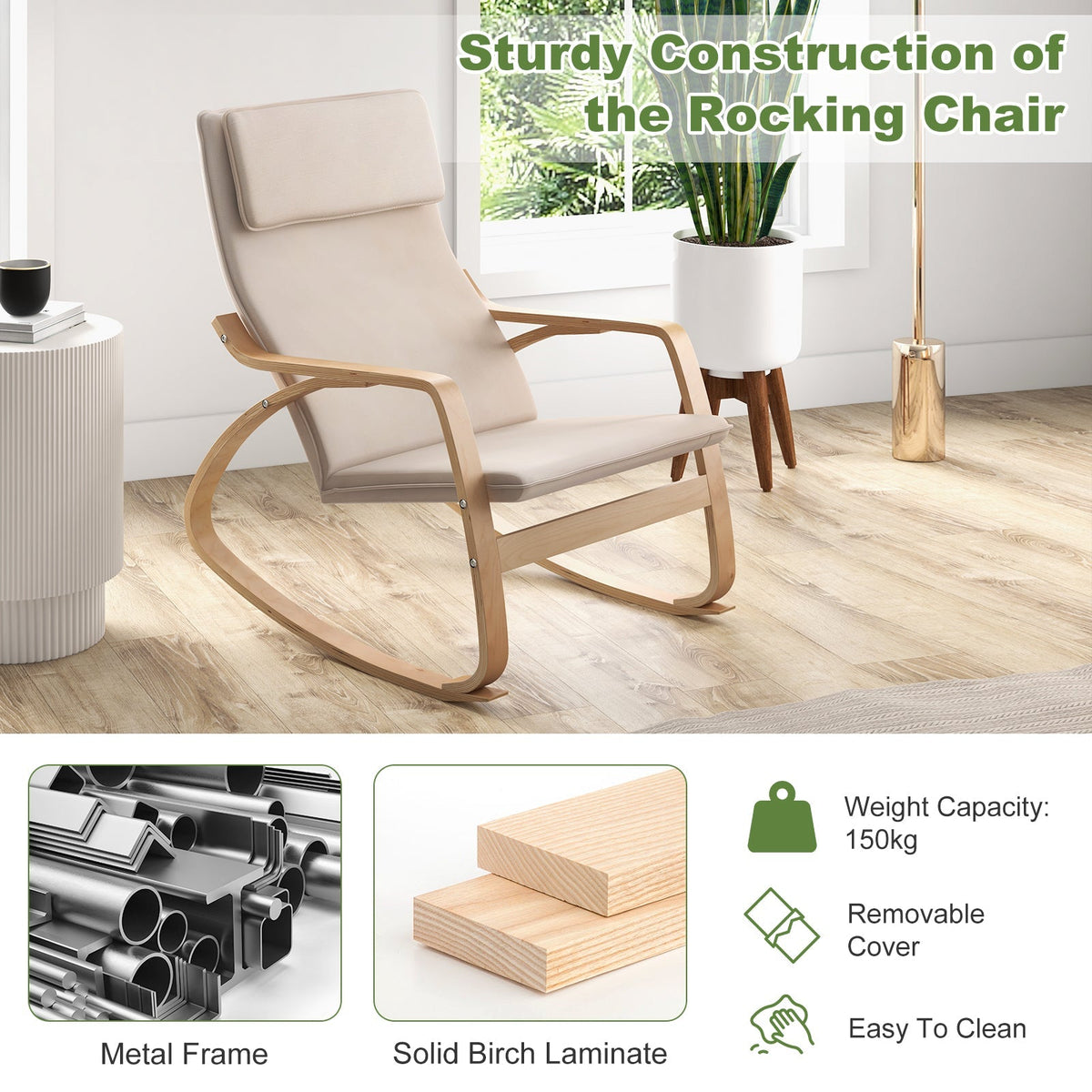 Stable Wooden Frame Leisure Rocking Chair with Removable Upholstered Cushion
