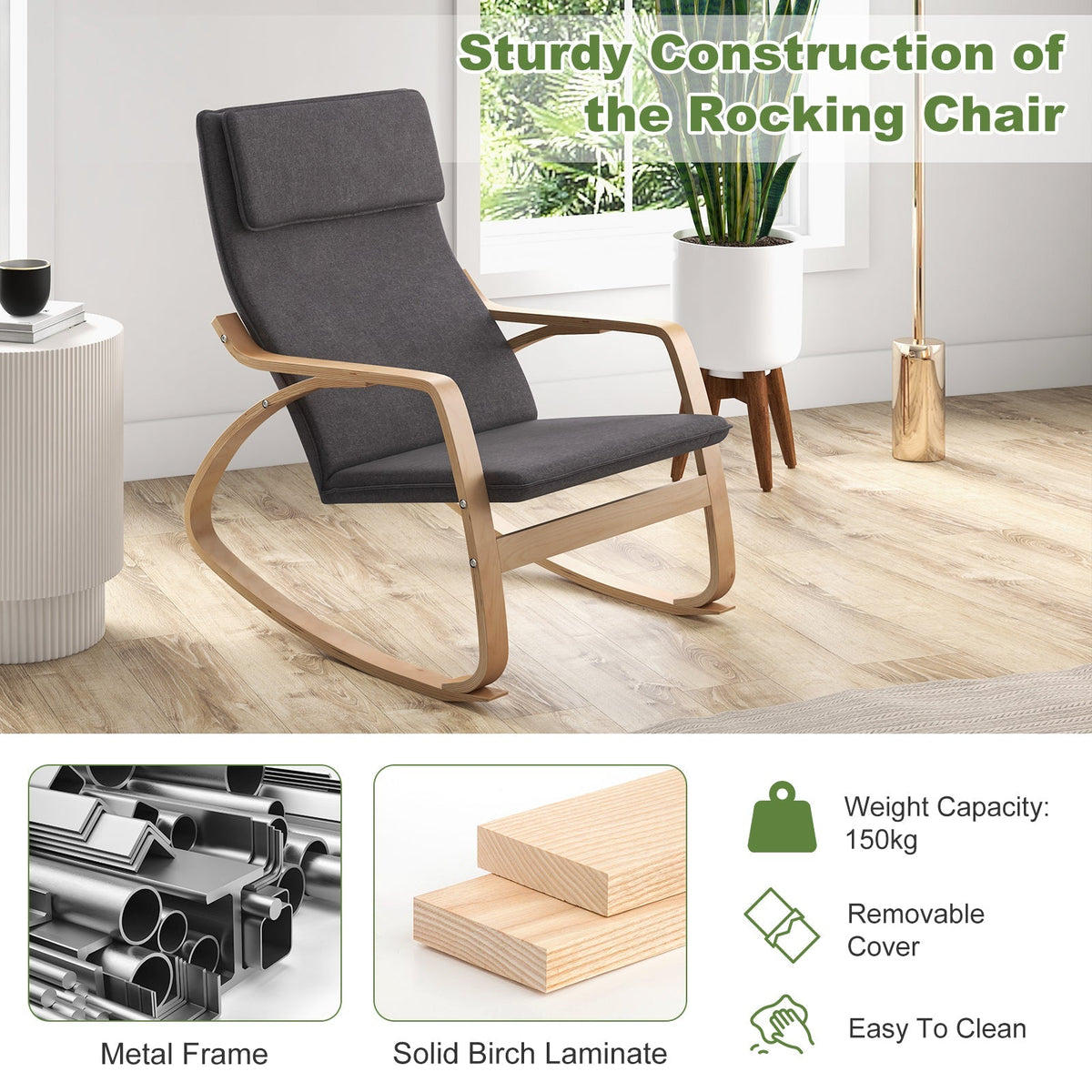Stable Wooden Frame Leisure Rocking Chair with Removable Upholstered Cushion