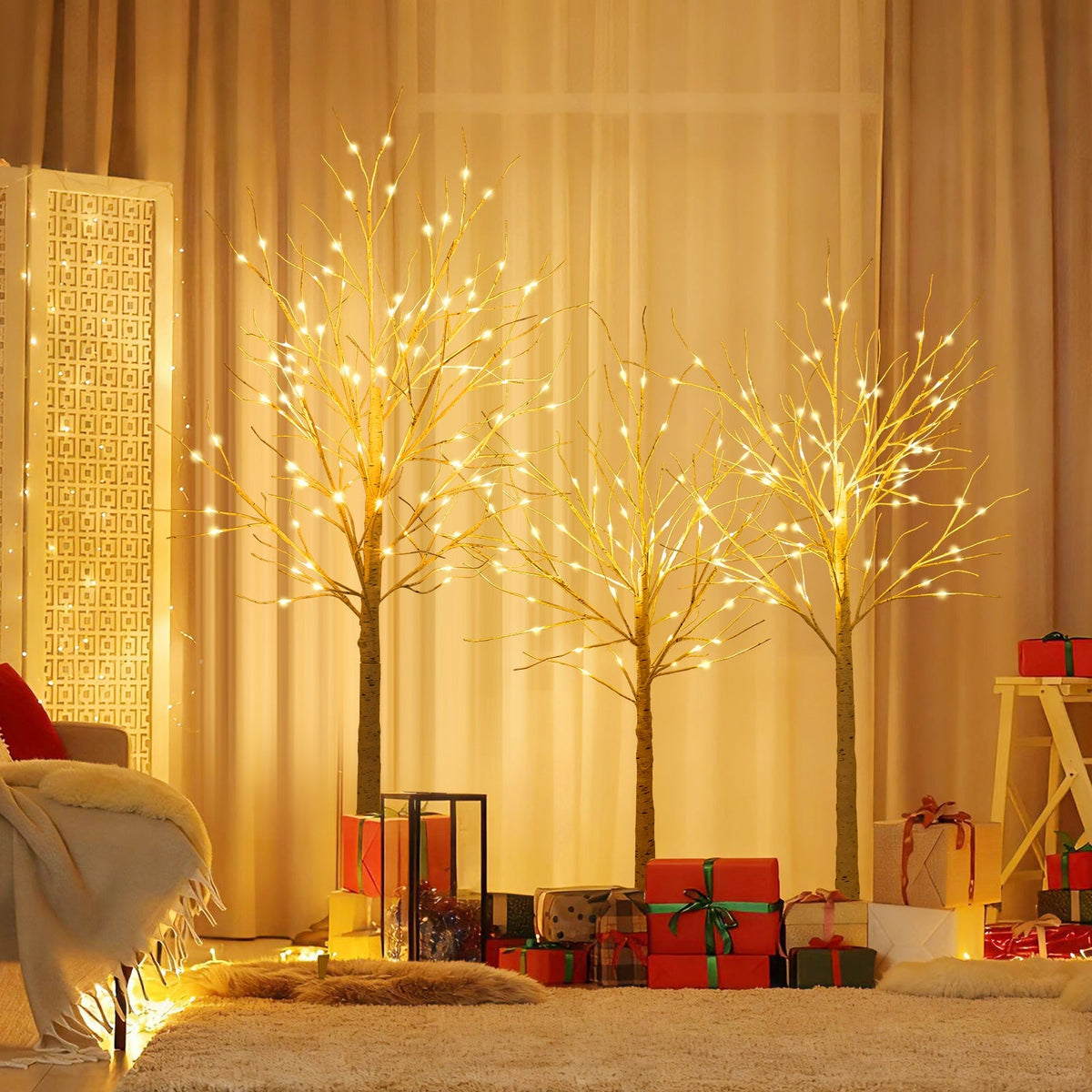 Lighted Birch Tree Set of 3 with 4/5/6 FT Pre-Lit Artificial Christmas Tree for Holiday Party
