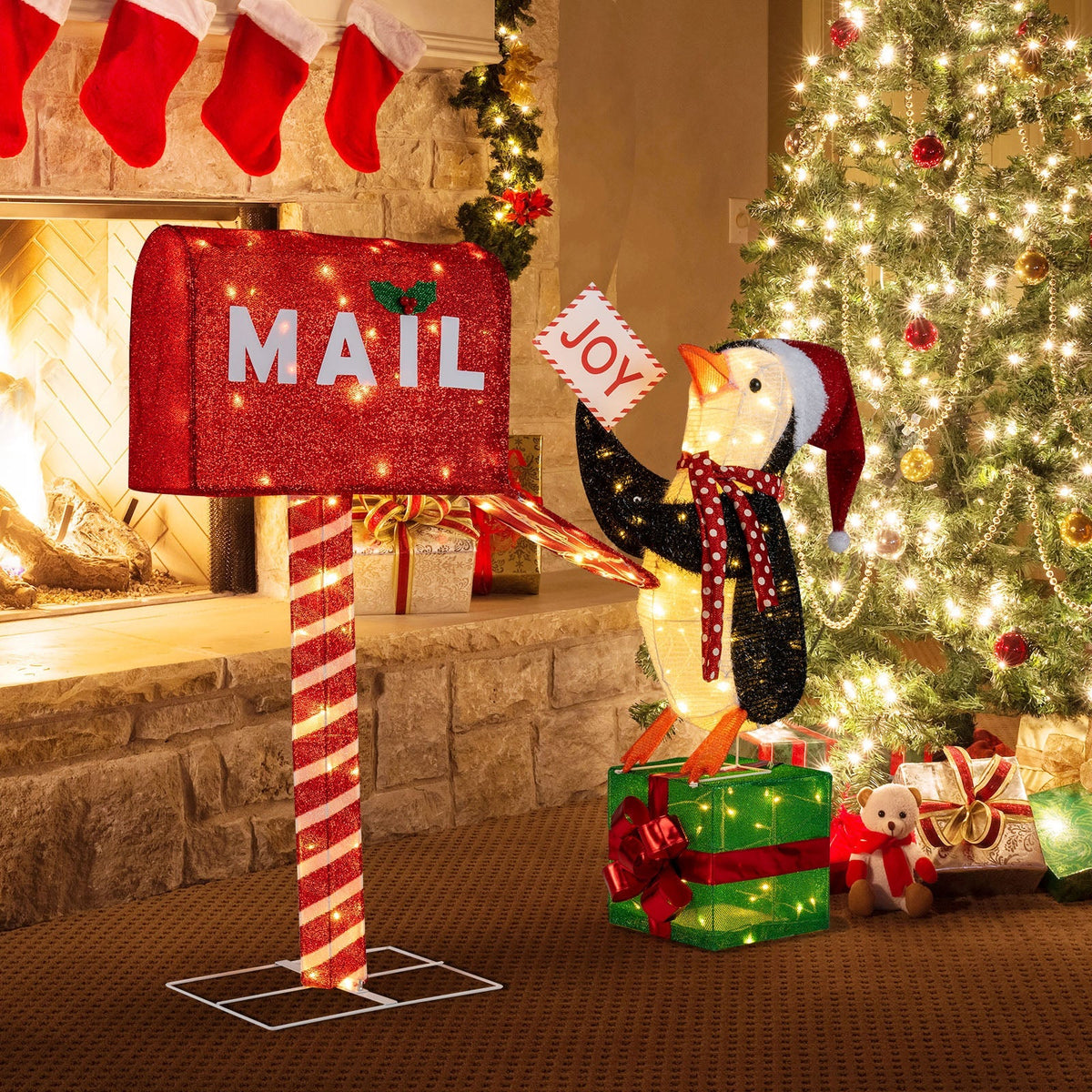 Lighted Christmas Decoration Mailbox and Penguin 3D Pre-Lit Xmas Holiday Decoration