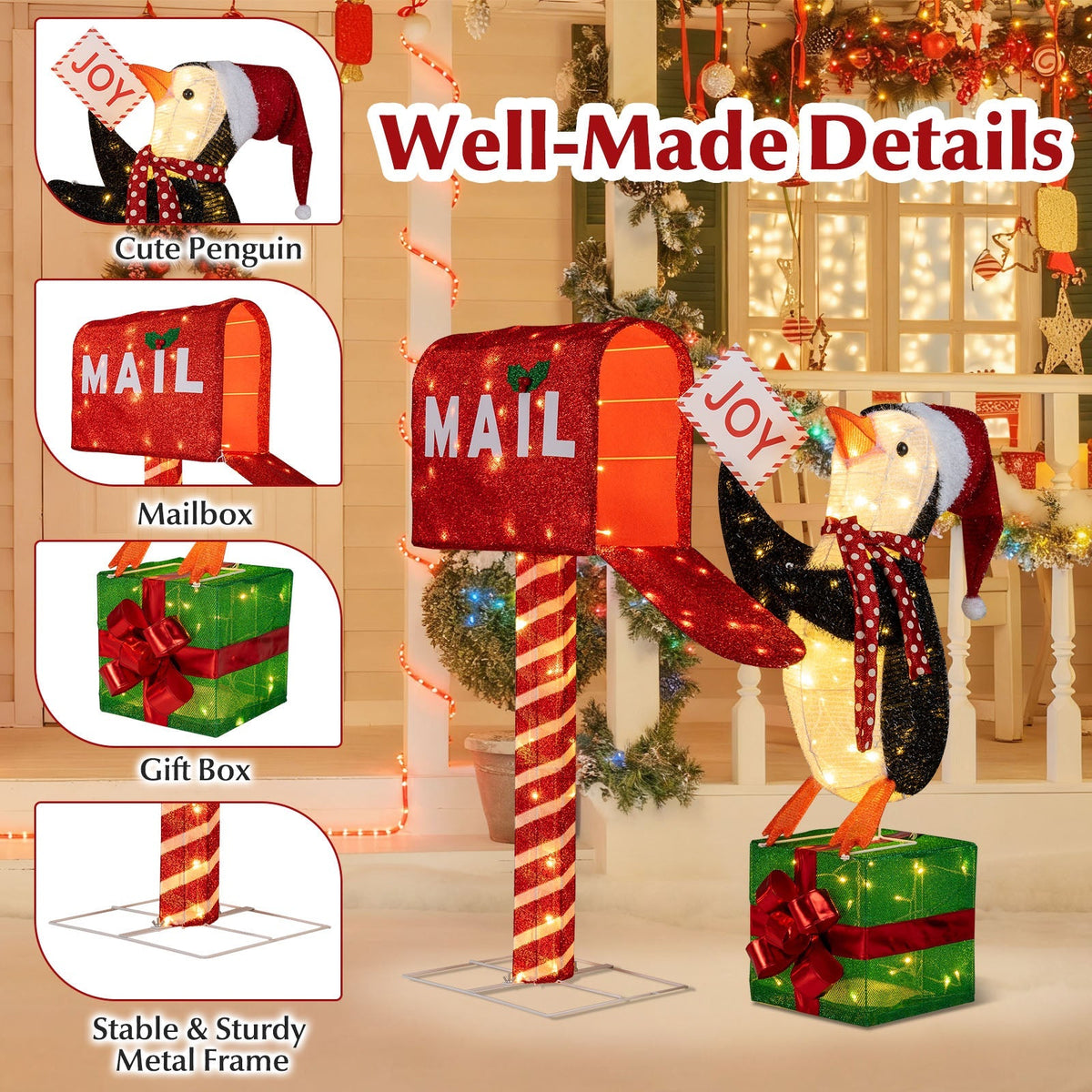 Lighted Christmas Decoration Mailbox and Penguin 3D Pre-Lit Xmas Holiday Decoration