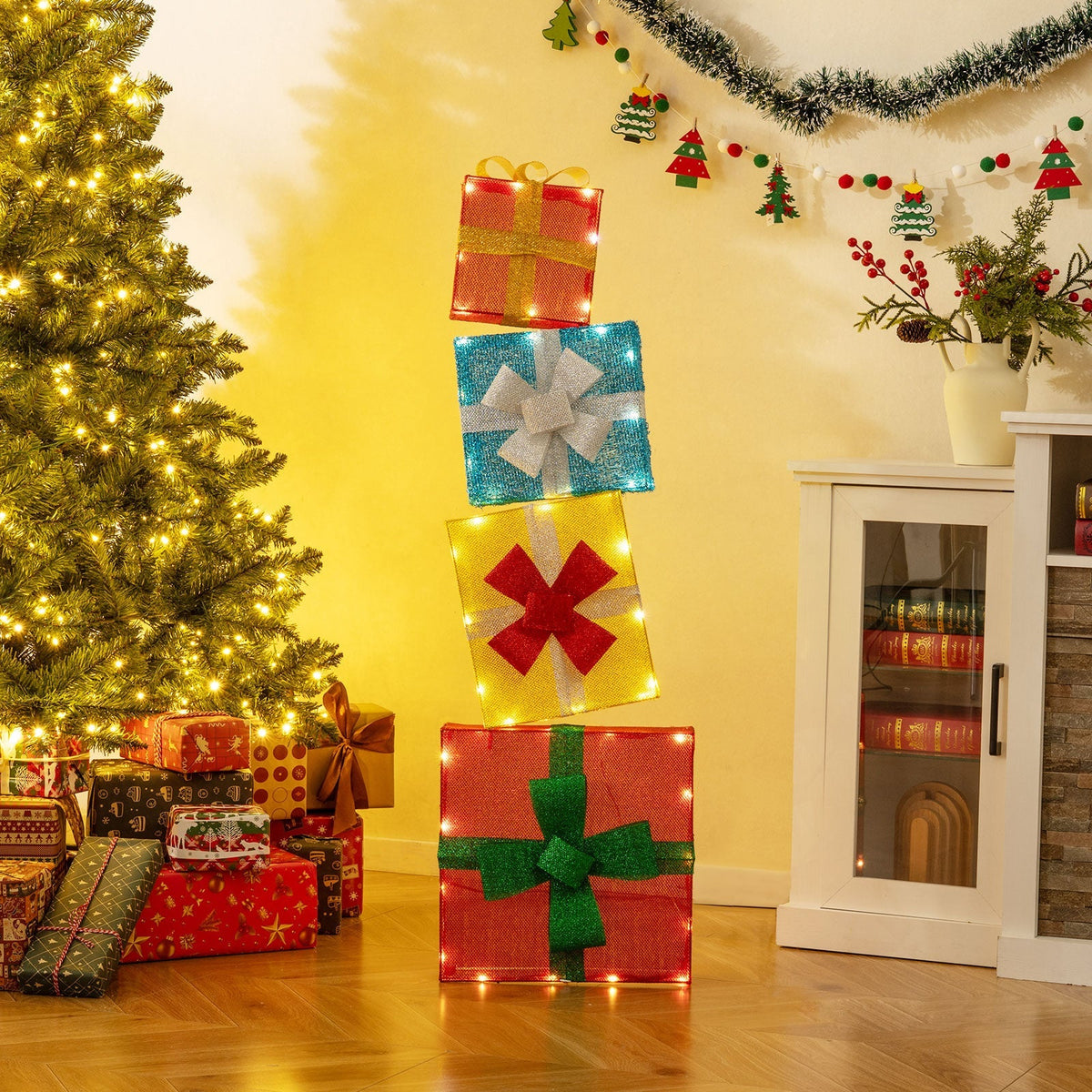 Lighted Gift Boxes Christmas Decoration 2D Set of 4 Pre-Lit Stacked Xmas Gift Boxes