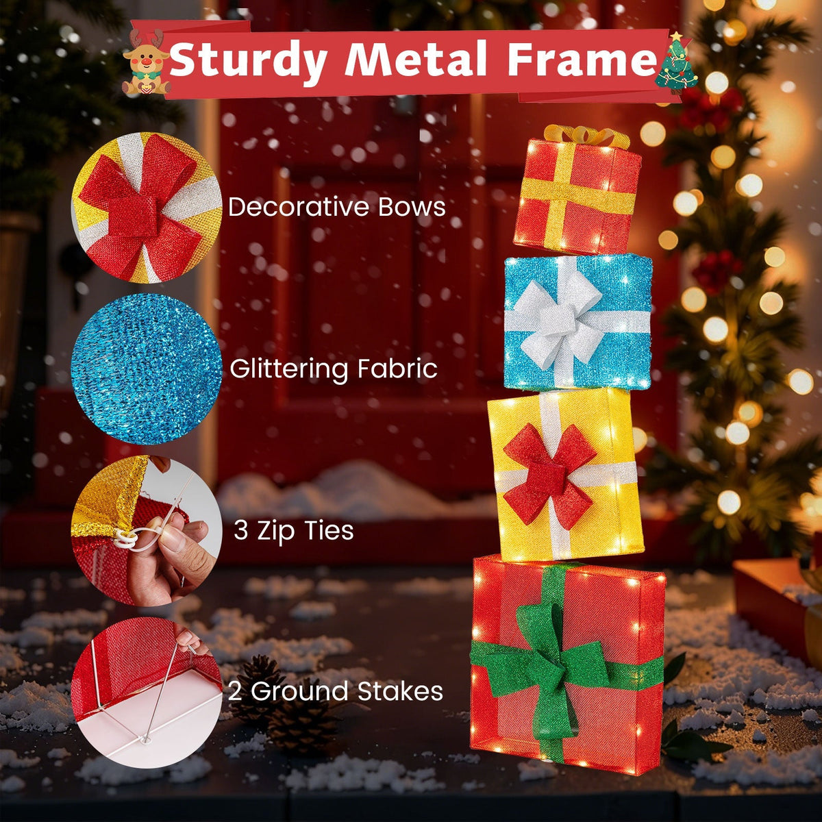 Lighted Gift Boxes Christmas Decoration 2D Set of 4 Pre-Lit Stacked Xmas Gift Boxes