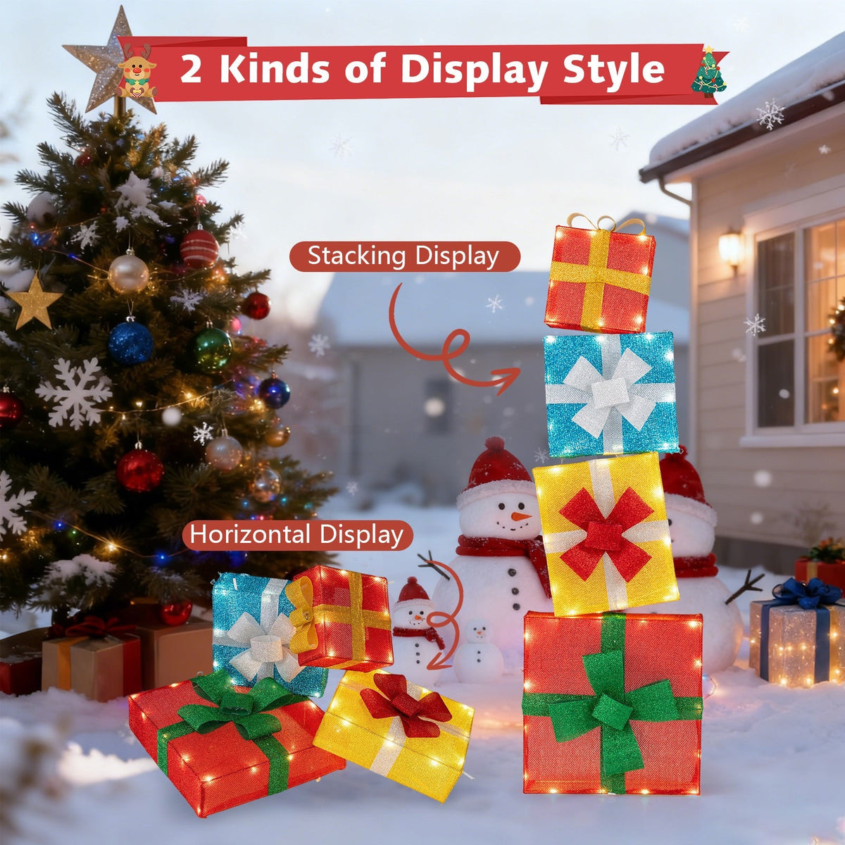 Lighted Gift Boxes Christmas Decoration 2D Set of 4 Pre-Lit Stacked Xmas Gift Boxes