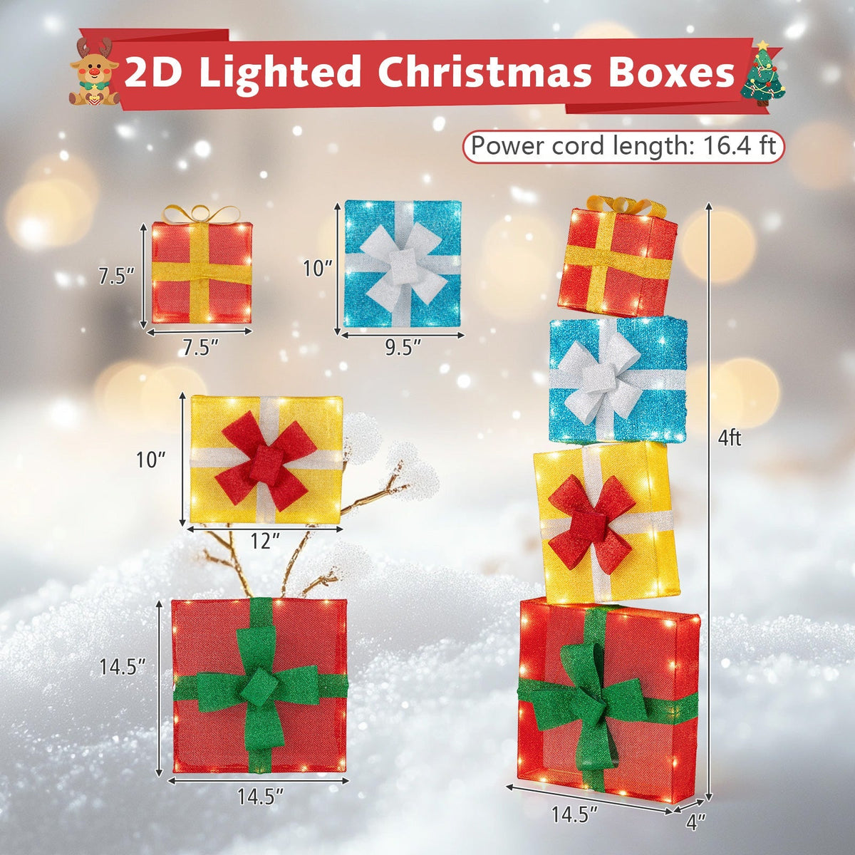 Lighted Gift Boxes Christmas Decoration 2D Set of 4 Pre-Lit Stacked Xmas Gift Boxes