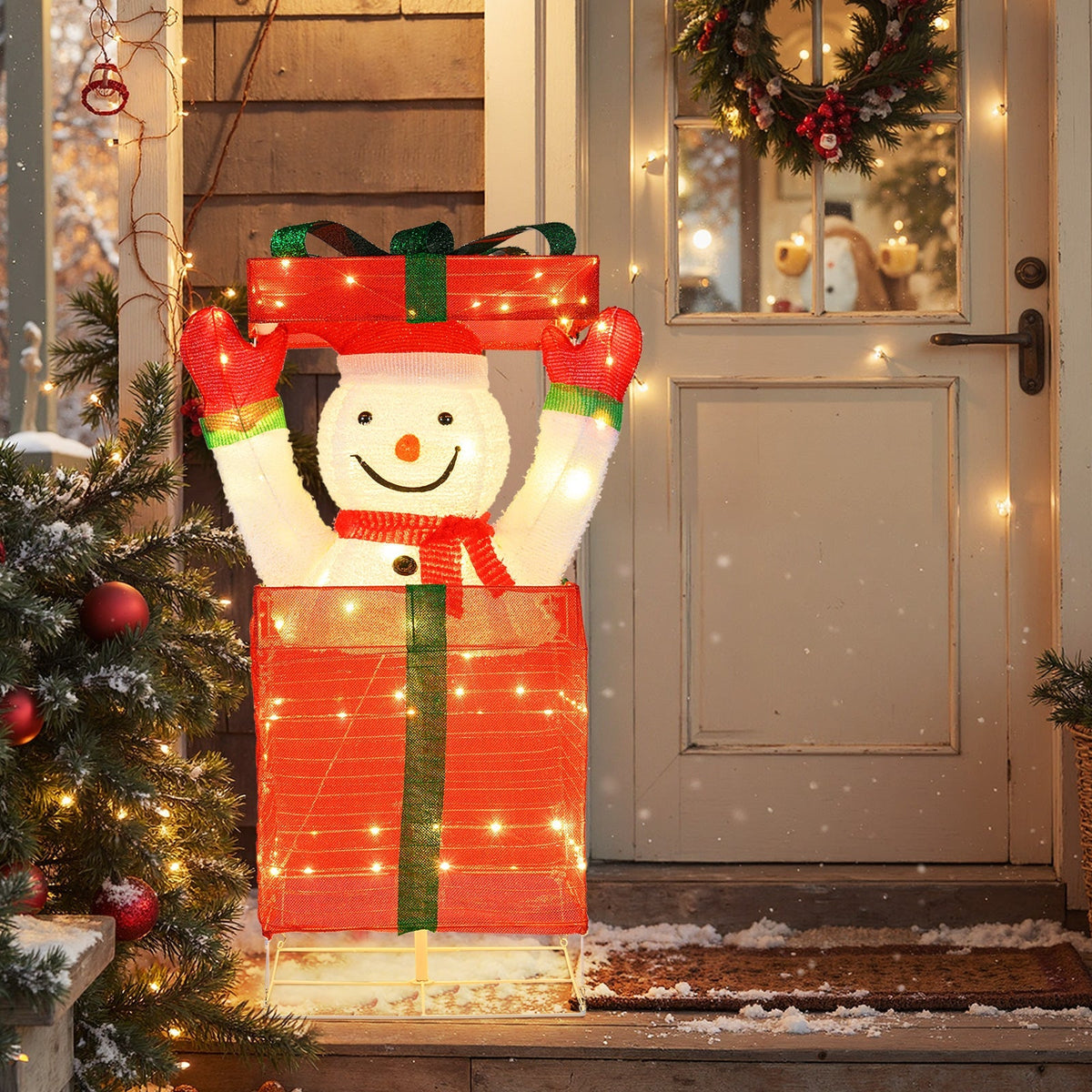 Lighted Snowman in Gift Box Christmas Decoration