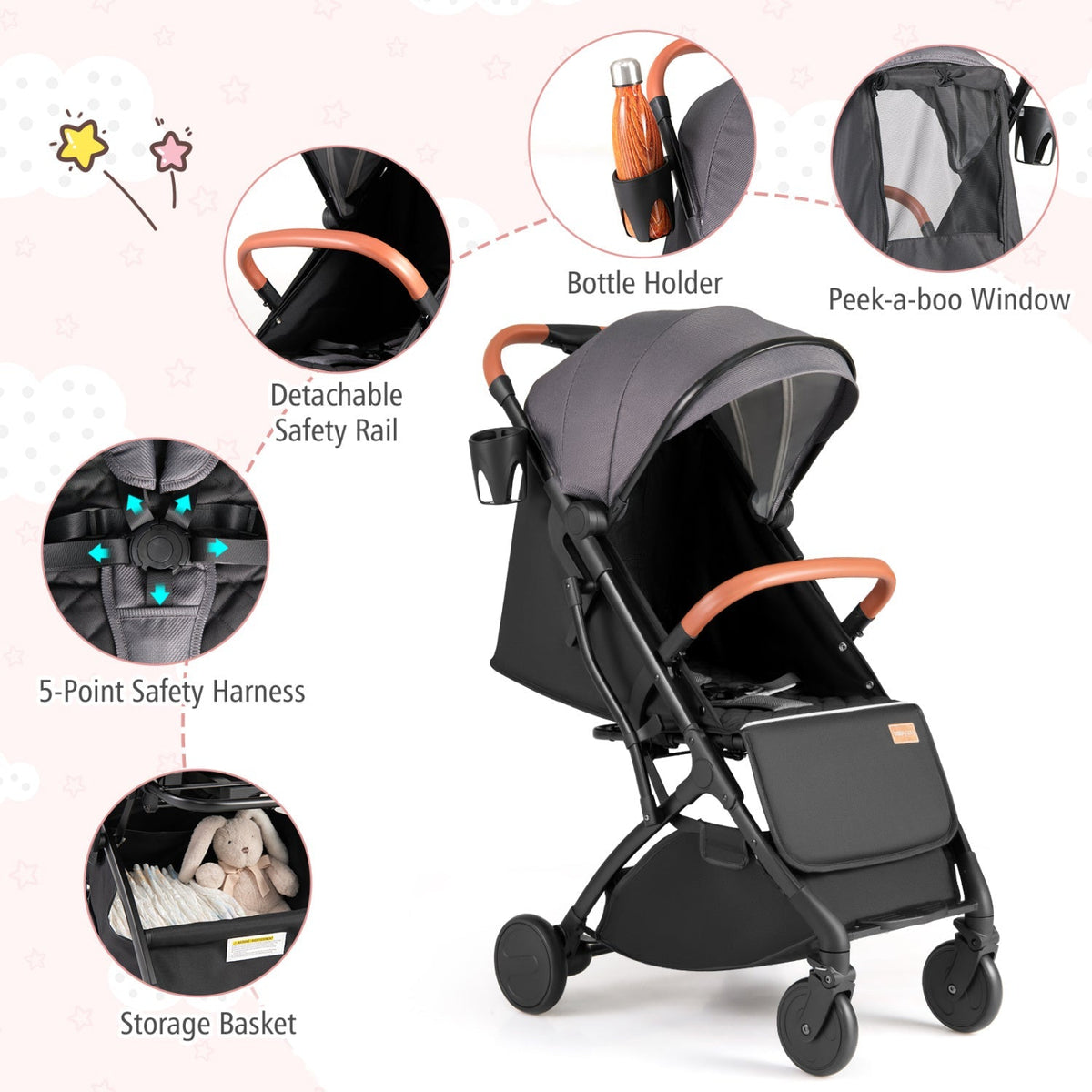 Lightweight Baby Stroller Compact Travel Stroller with One-Hand Folding