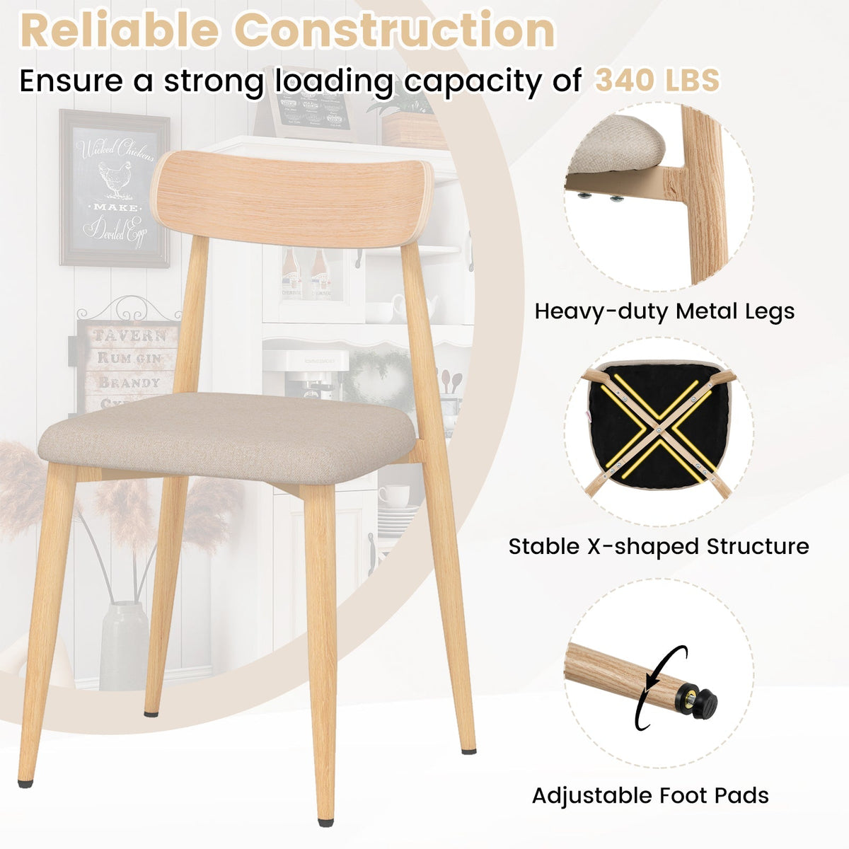 Linen Fabric Upholstered Modern Dining Chair Set of 4 with Padded Seat and Curved Back-Oak