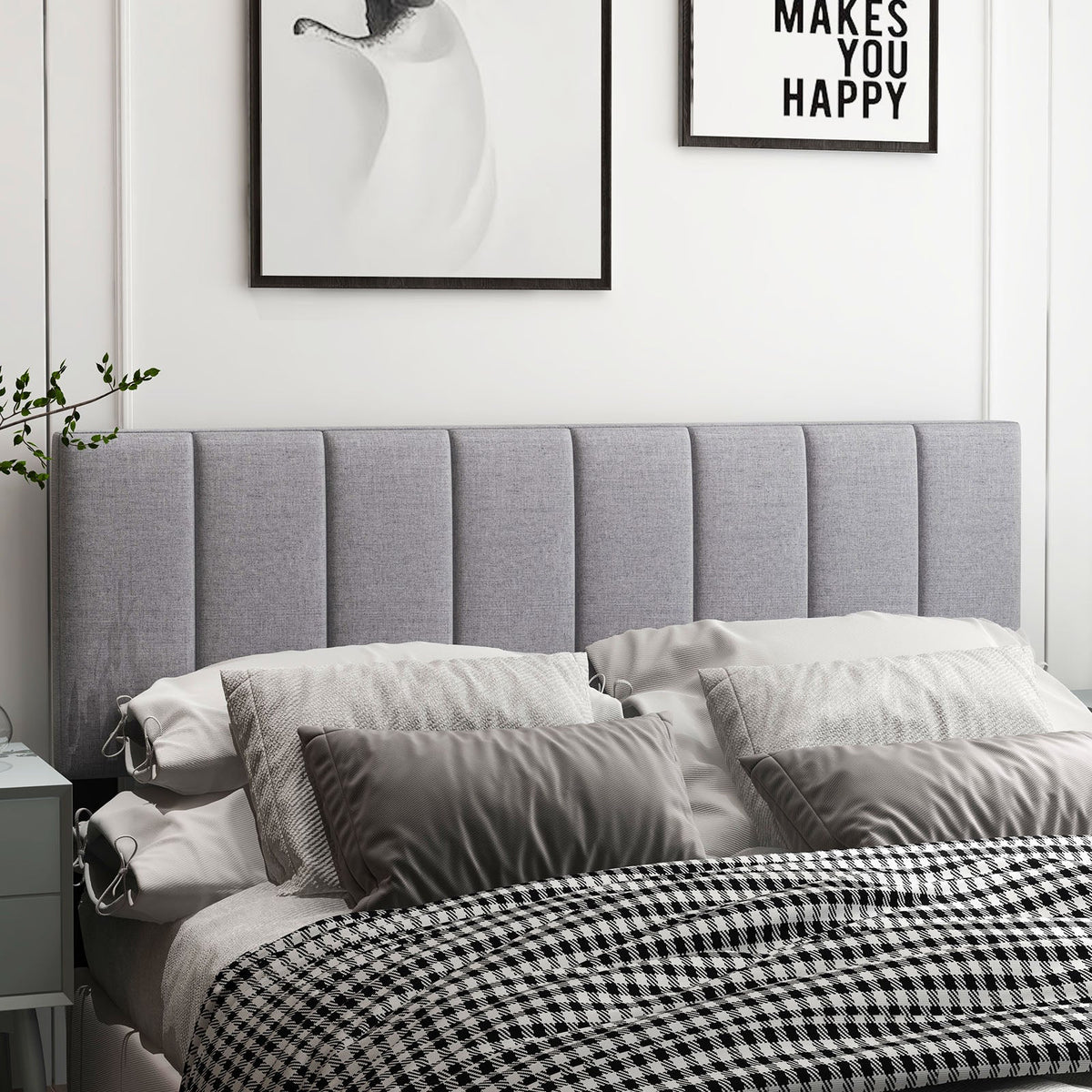 Linen Upholstered Headboard with Solid Wood Legs and Adjustable Width