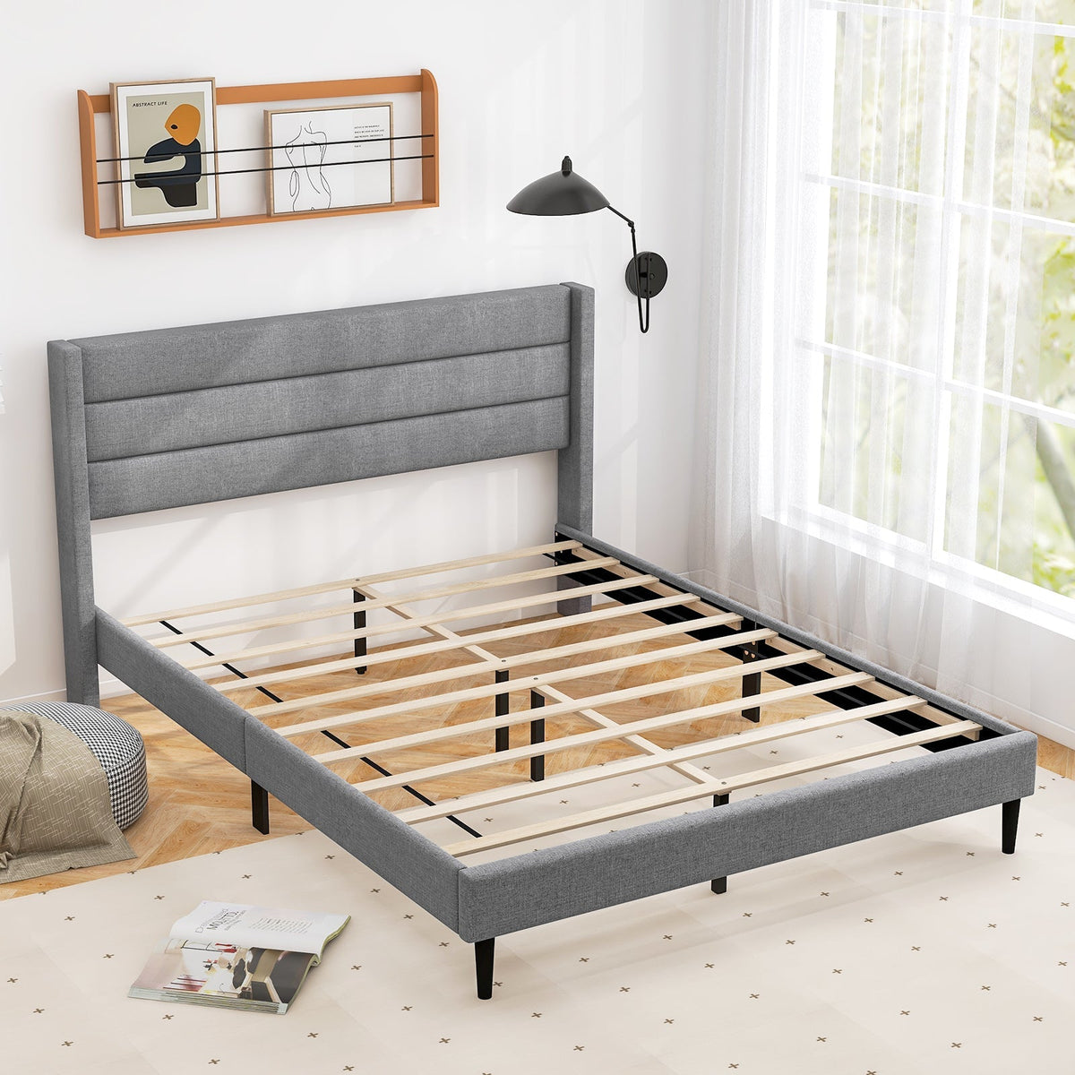 Linen Upholstered Platform Twin/Queen Bed Frame with Wingback Headboard