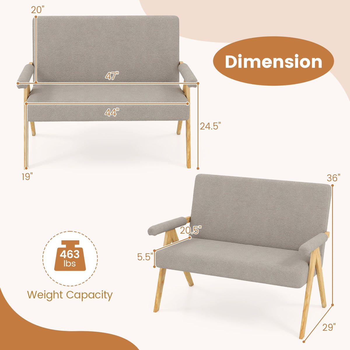 Loveseat Sofa with Armrests and Wooden Legs