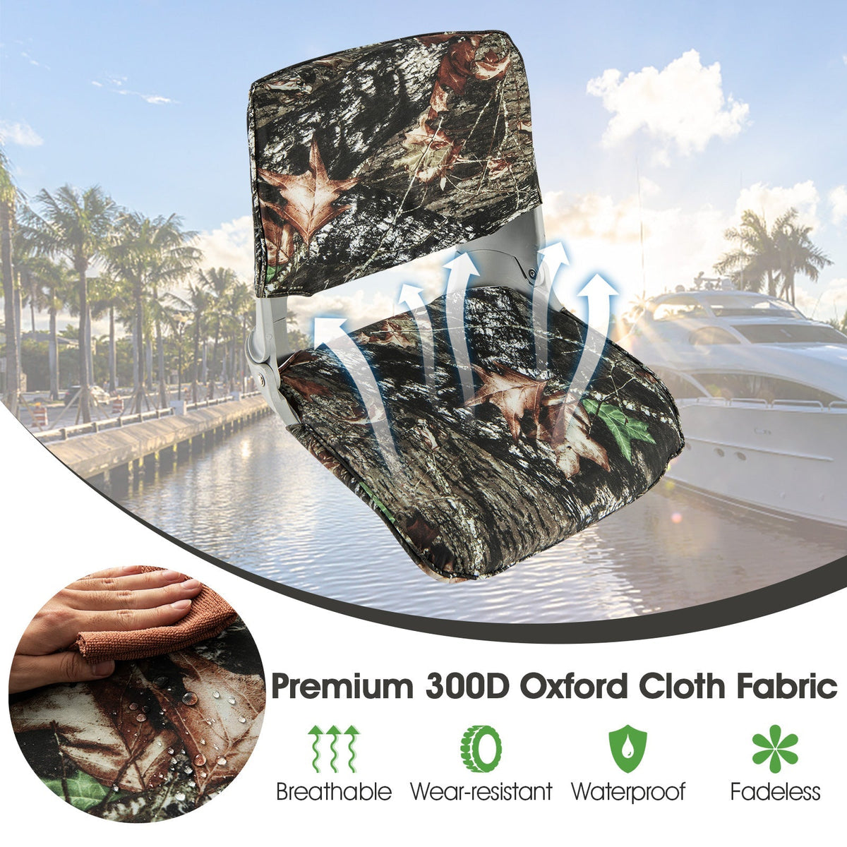 Asiento de barco acolchado y plegable de respaldo bajo con 4 pernos para aventuras al aire libre - Camuflaje