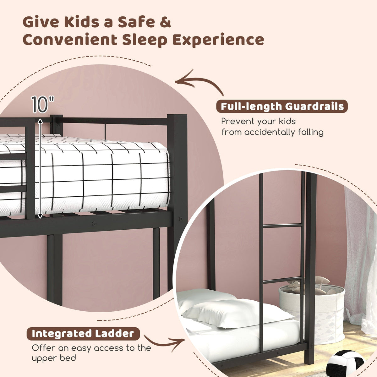 Low Profile Twin Over Twin Metal Bunk Bed with Full-length Guardrails