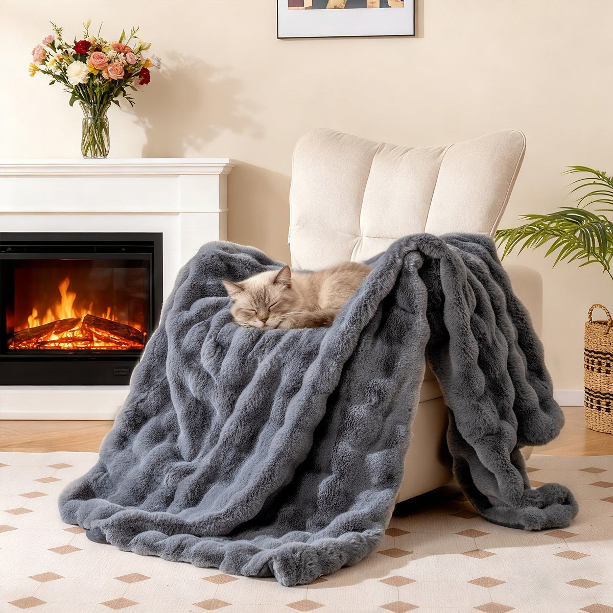 Luxury Fuzzy Plush Rabbit Fur Bubble Blanket for Armchair