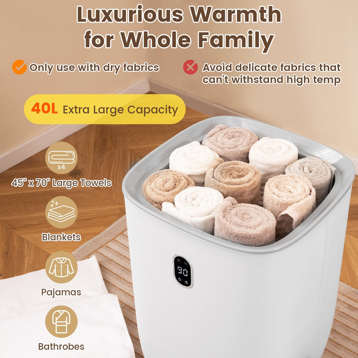 40L Towel Warmer Luxury Hot Towel Bucket with 2 Heating Temperatures-White