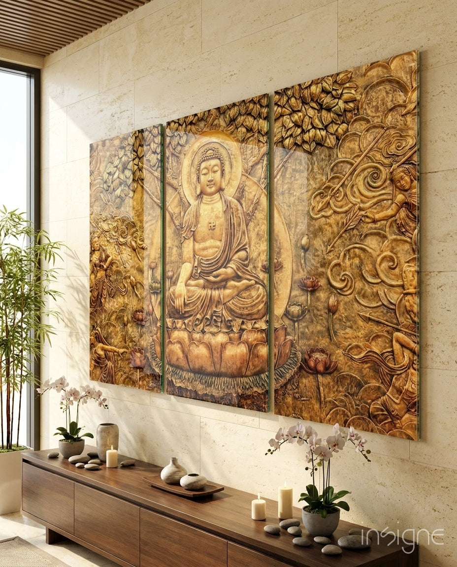 Gold Buddha Lotus Glass Wall Art