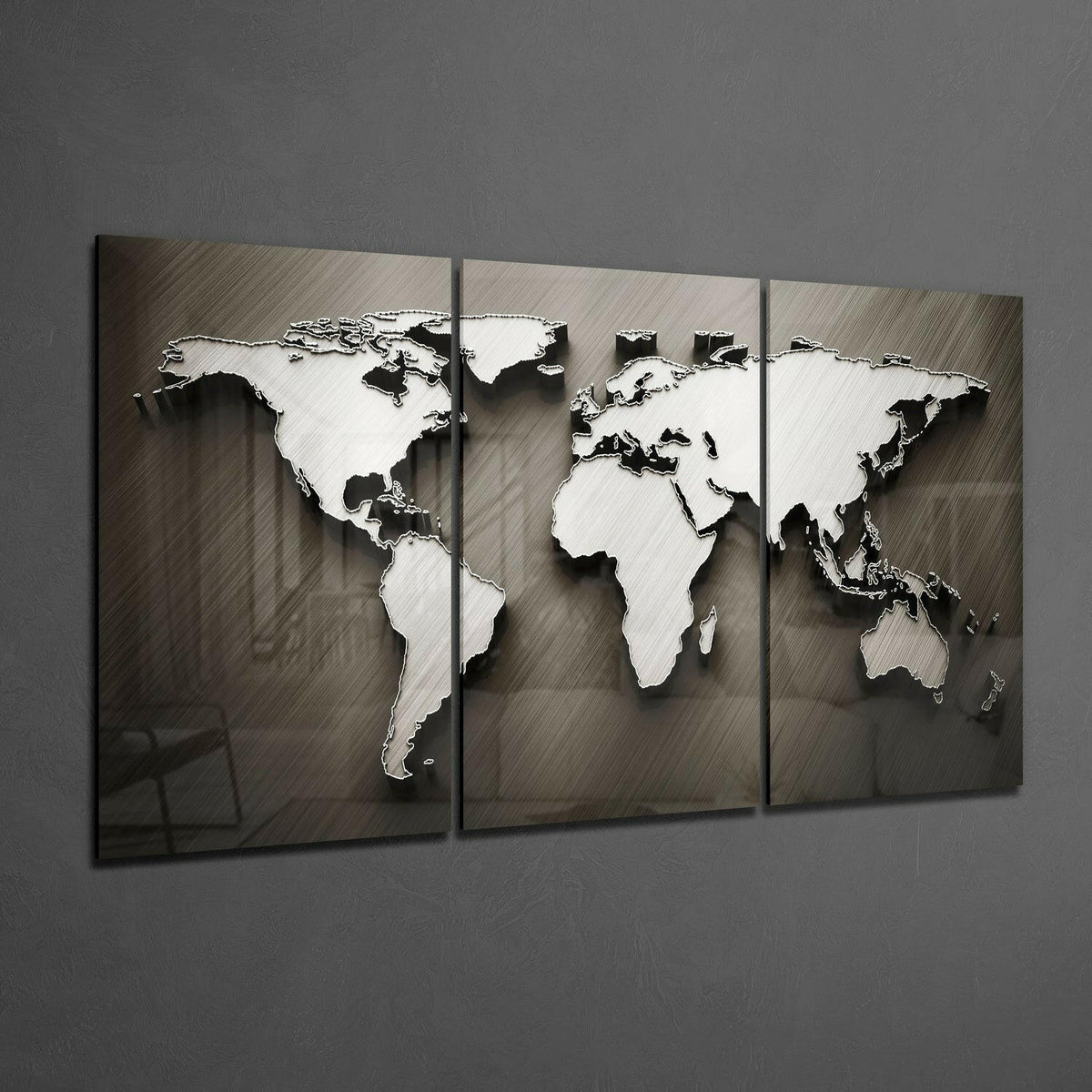 Bronze World Map Triptych Glass Wall Art