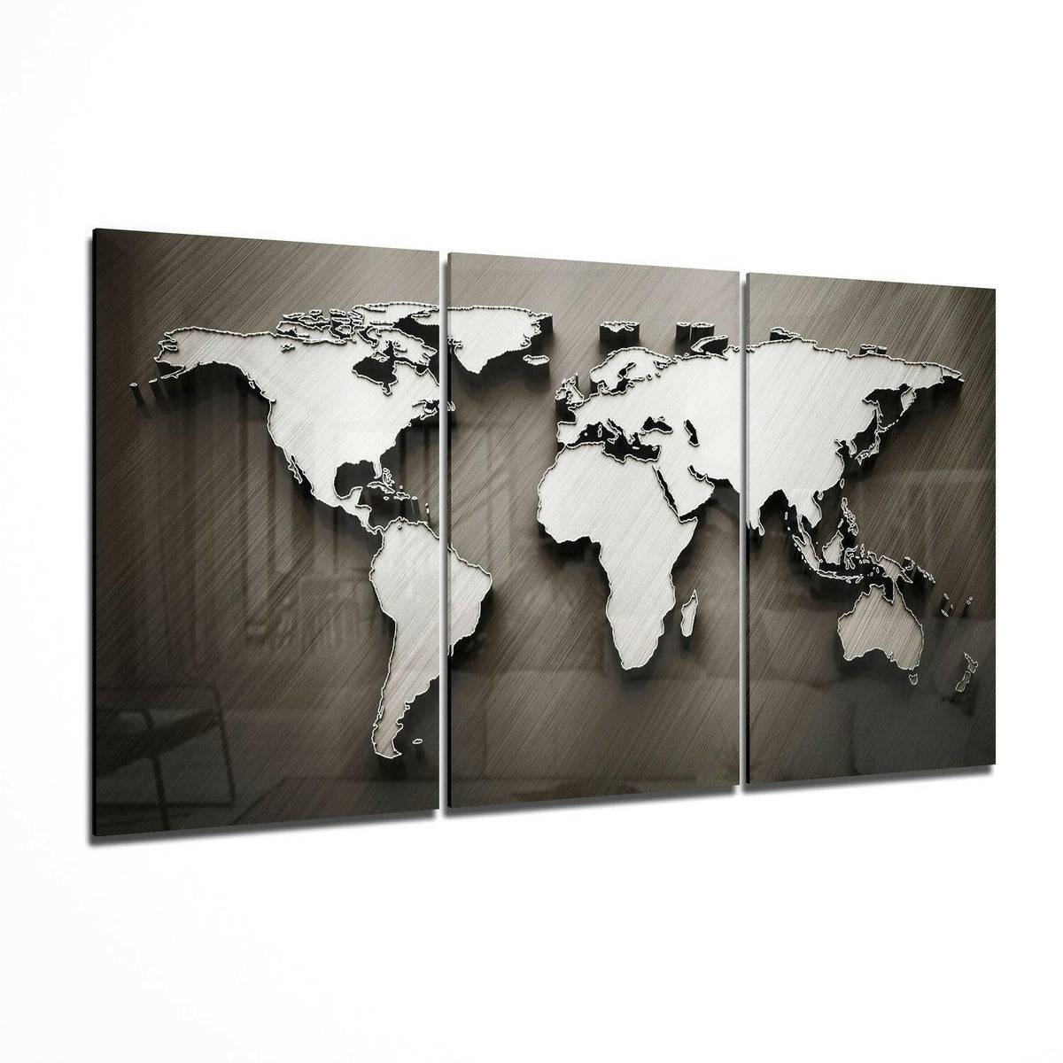 Bronze World Map Triptych Glass Wall Art