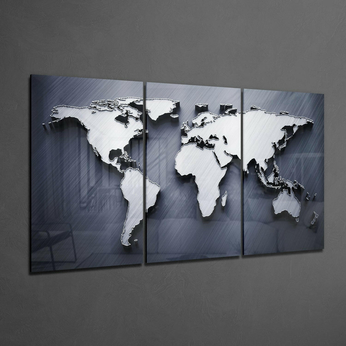 Metallic Silver World Map Triptych Glass Wall Art