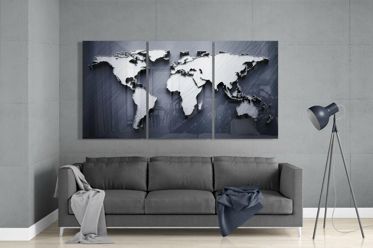 Metallic Silver World Map Triptych Glass Wall Art