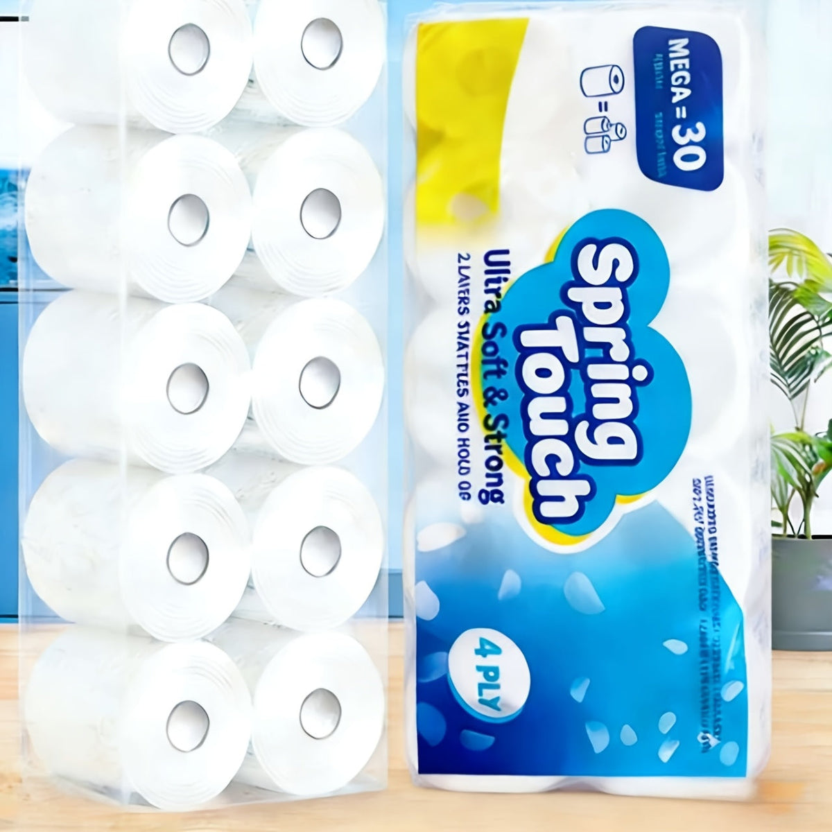 Papel higiénico Spring Touch de 4 capas, ultrasuave, resistente, 10/20/30 rollos, sin pelusas