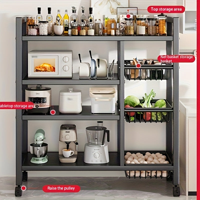 Estantería de almacenamiento rodante de 4 niveles con cestas, estante utilitario de metal con ruedas, organizador para cocina y garaje