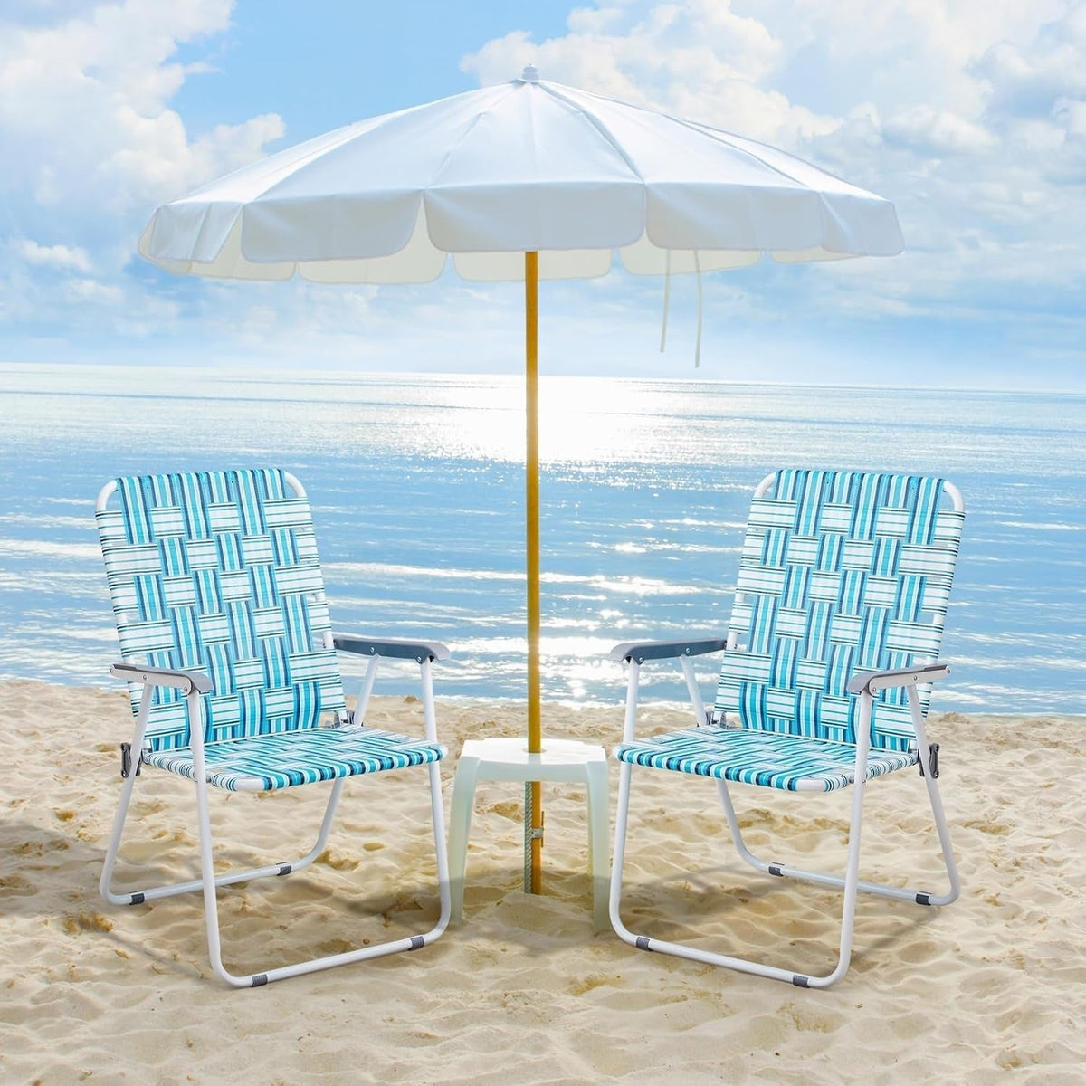 Juego de 2 sillas de playa plegables portátiles con cinchas, para patio, césped, camping, exterior, con estructura de acero