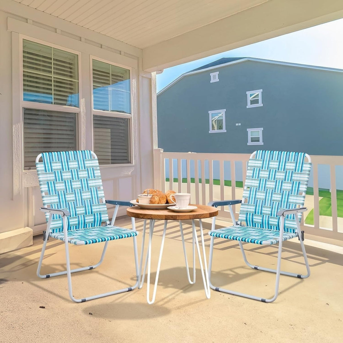 Juego de 2 sillas de playa plegables portátiles con cinchas, para patio, césped, camping, exterior, con estructura de acero
