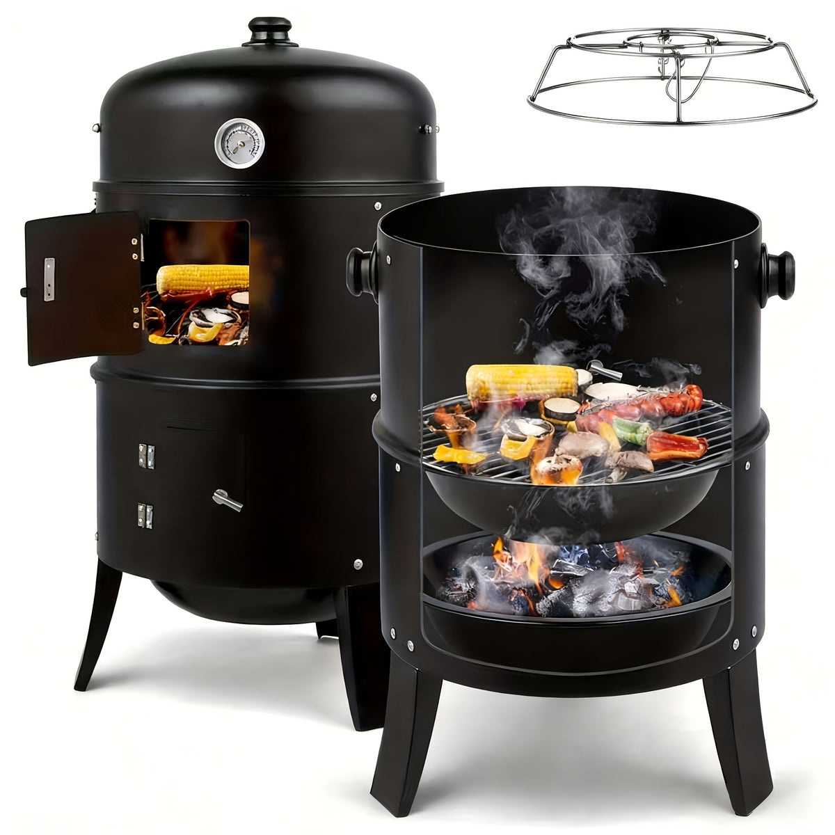 Parrilla ahumadora de carbón 3 en 1, brasero para barbacoa, parrilla portátil para camping al aire libre