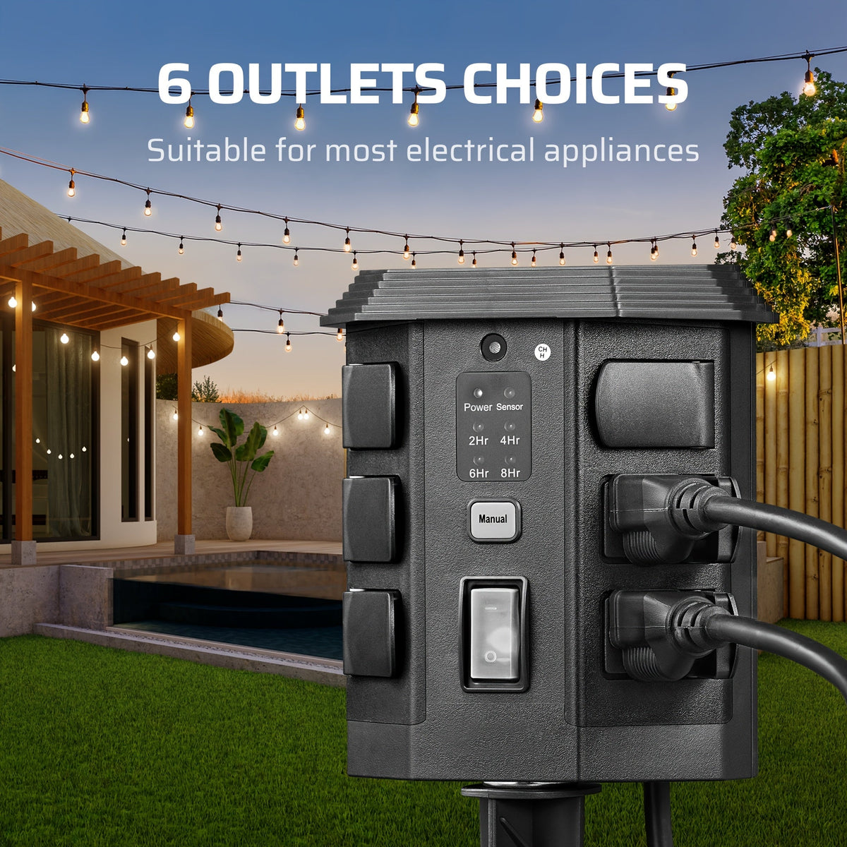 Outdoor Power Stake Timer w/ Remote, 6FT Cord, 6 Outlets, Dusk to Dawn Light Timer