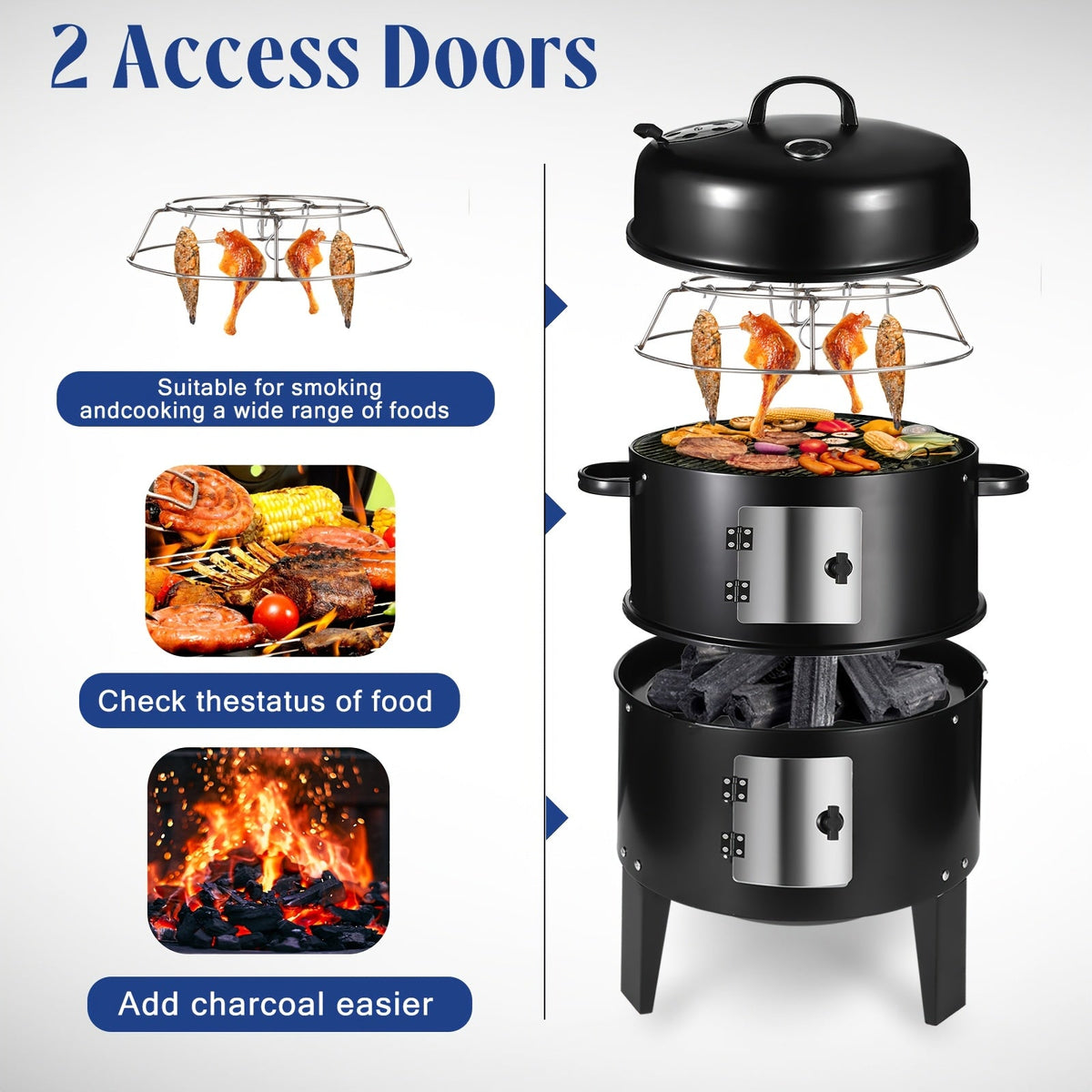 Parrilla ahumadora de carbón 3 en 1, brasero para barbacoa, parrilla portátil para camping al aire libre