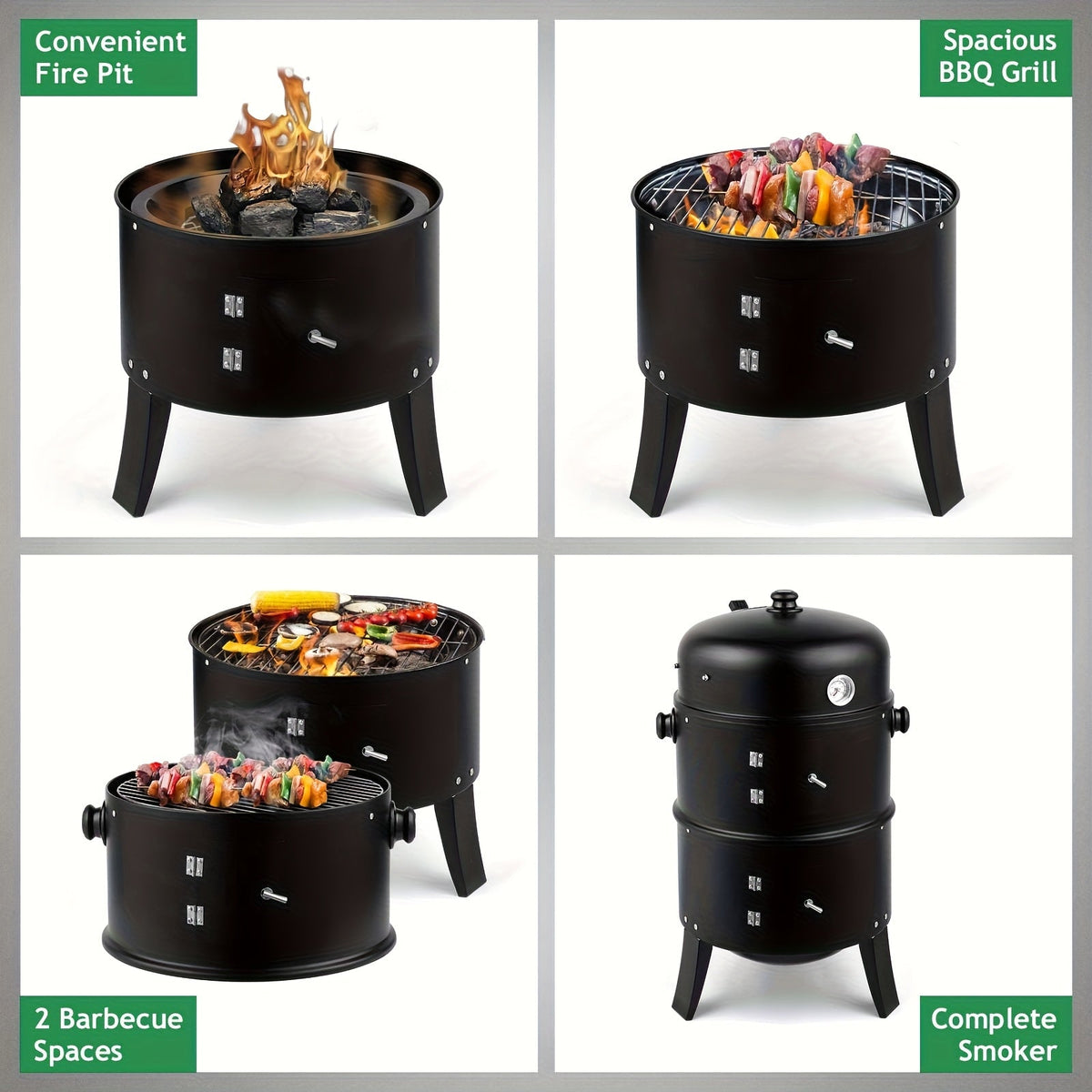 Parrilla ahumadora de carbón 3 en 1, brasero para barbacoa, parrilla portátil para camping al aire libre