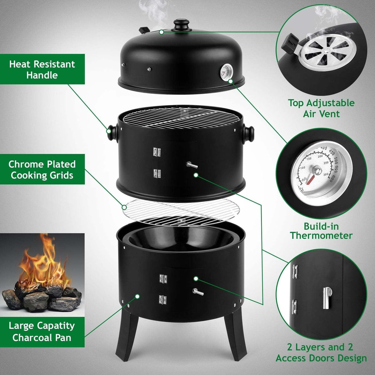 Parrilla ahumadora de carbón 3 en 1, brasero para barbacoa, parrilla portátil para camping al aire libre