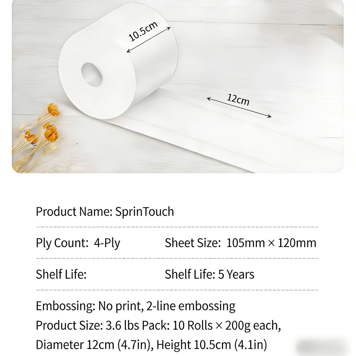 Papel higiénico Spring Touch de 4 capas, ultrasuave, resistente, 10/20/30 rollos, sin pelusas