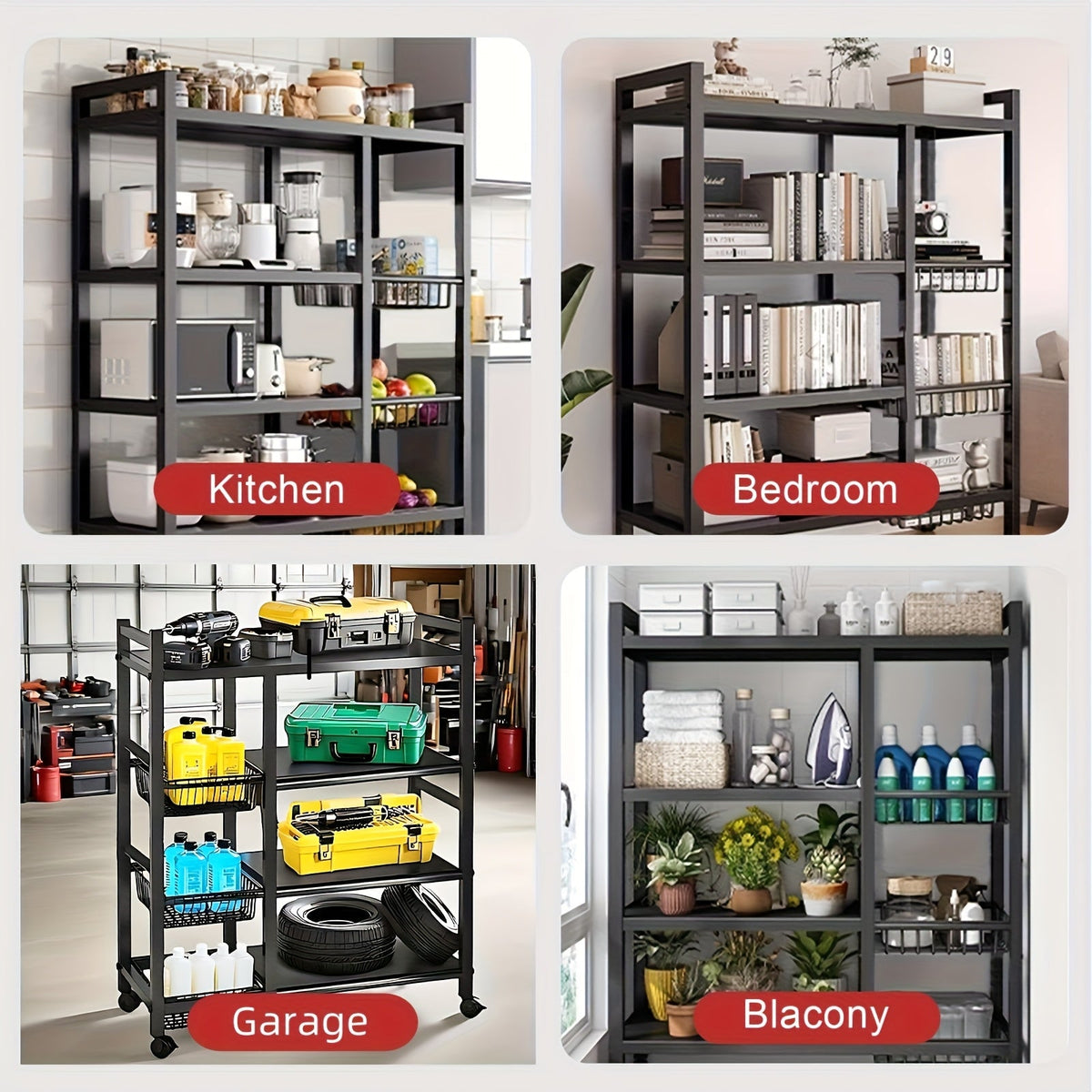 Estantería de almacenamiento rodante de 4 niveles con cestas, estante utilitario de metal con ruedas, organizador para cocina y garaje