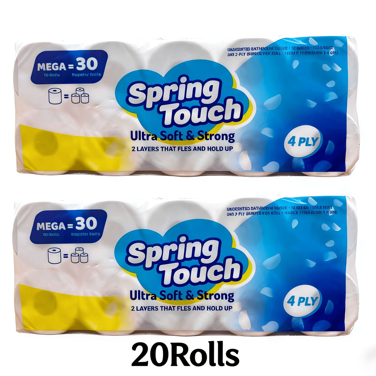 Papel higiénico Spring Touch de 4 capas, ultrasuave, resistente, 10/20/30 rollos, sin pelusas