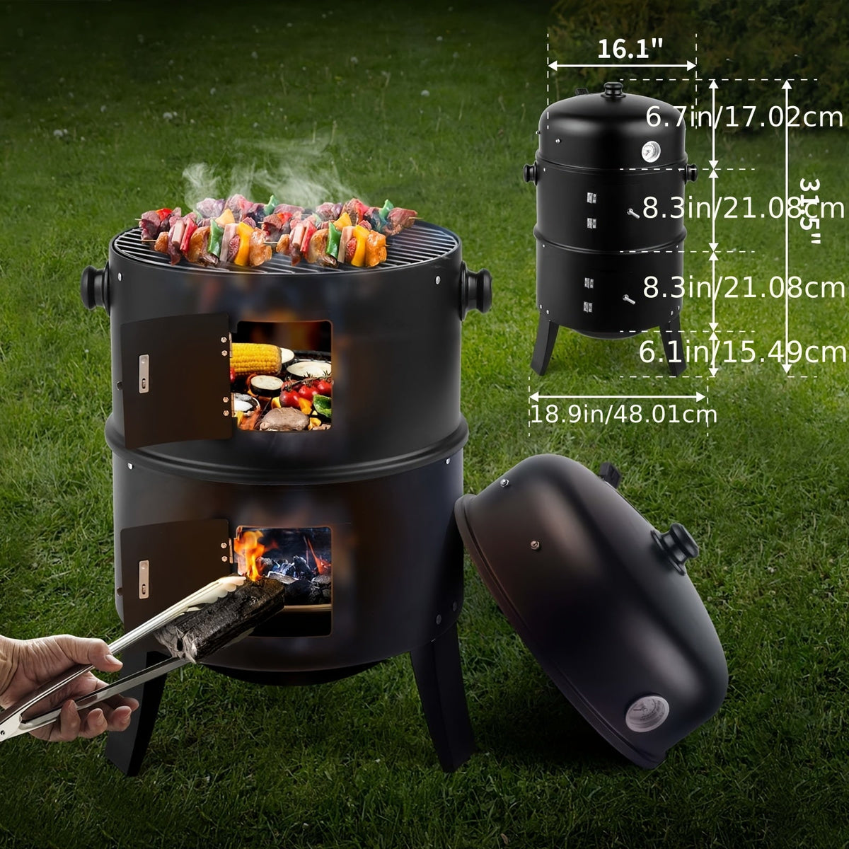 Parrilla ahumadora de carbón 3 en 1, brasero para barbacoa, parrilla portátil para camping al aire libre