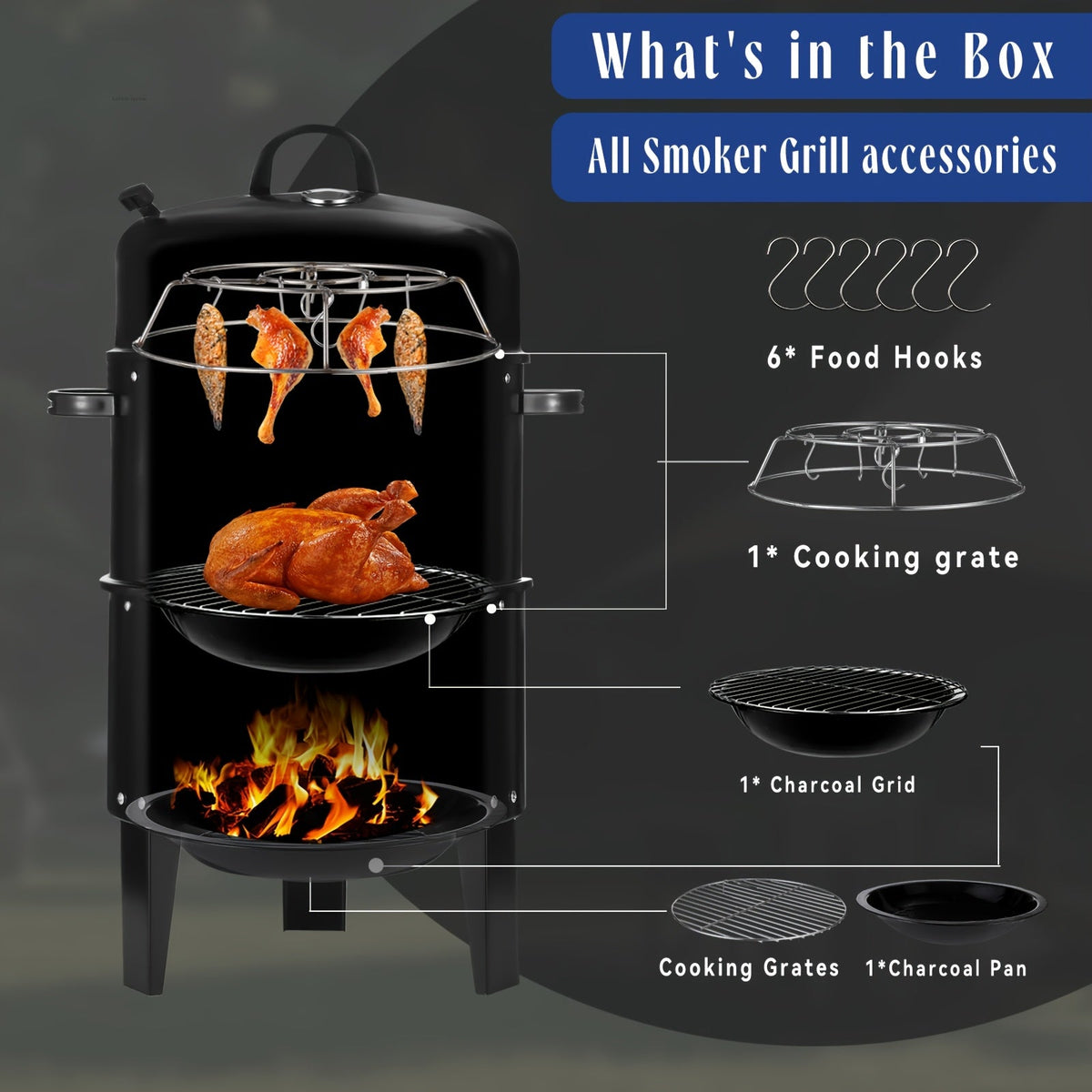Parrilla ahumadora de carbón 3 en 1, brasero para barbacoa, parrilla portátil para camping al aire libre
